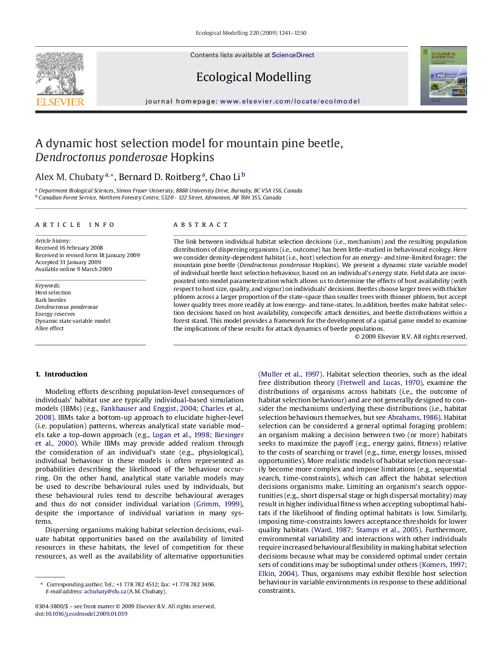 A dynamic host selection model for mountain pine beetle, Dendroctonus ponderosae Hopkins