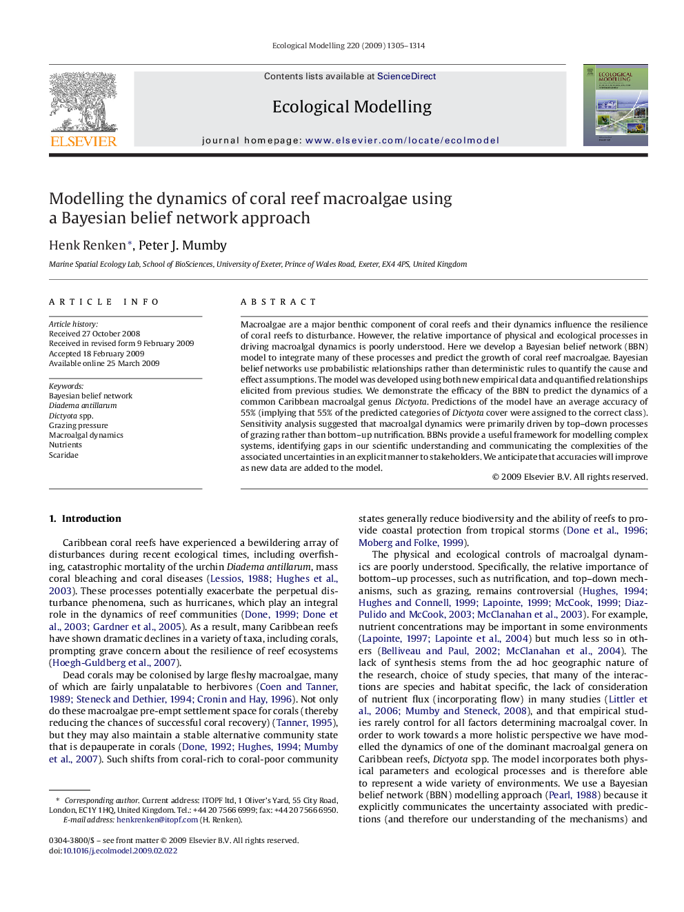 Modelling the dynamics of coral reef macroalgae using a Bayesian belief network approach