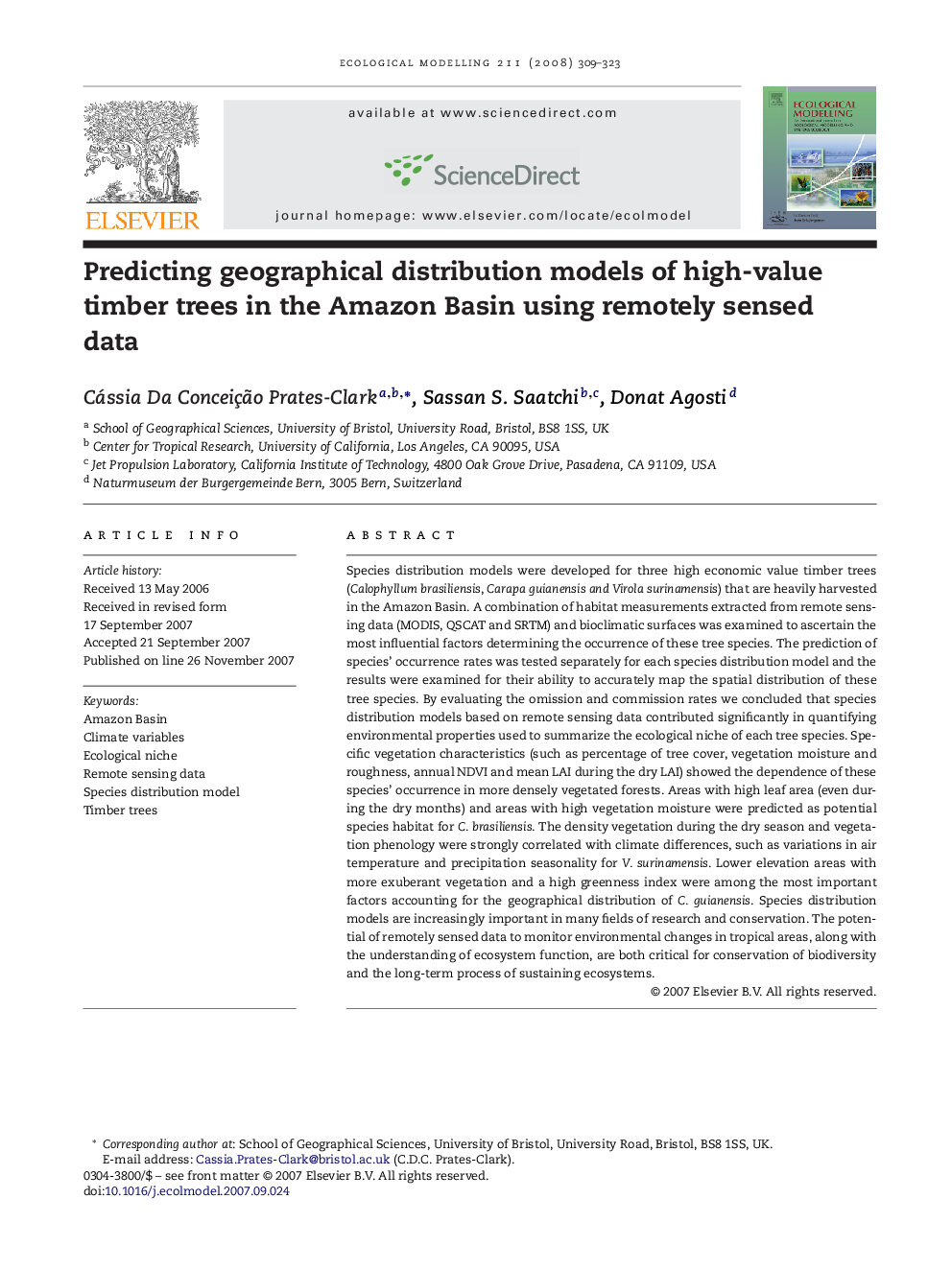 Predicting geographical distribution models of high-value timber trees in the Amazon Basin using remotely sensed data