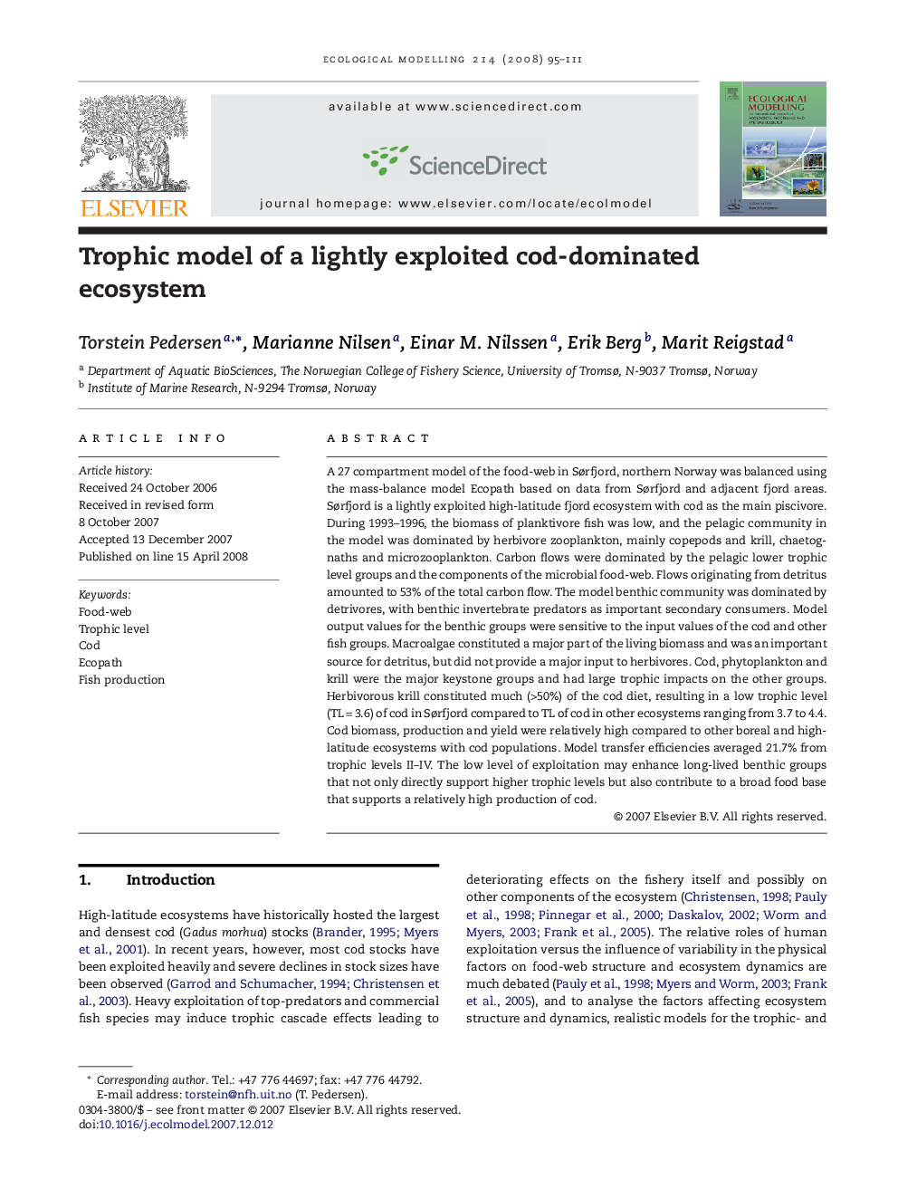 Trophic model of a lightly exploited cod-dominated ecosystem