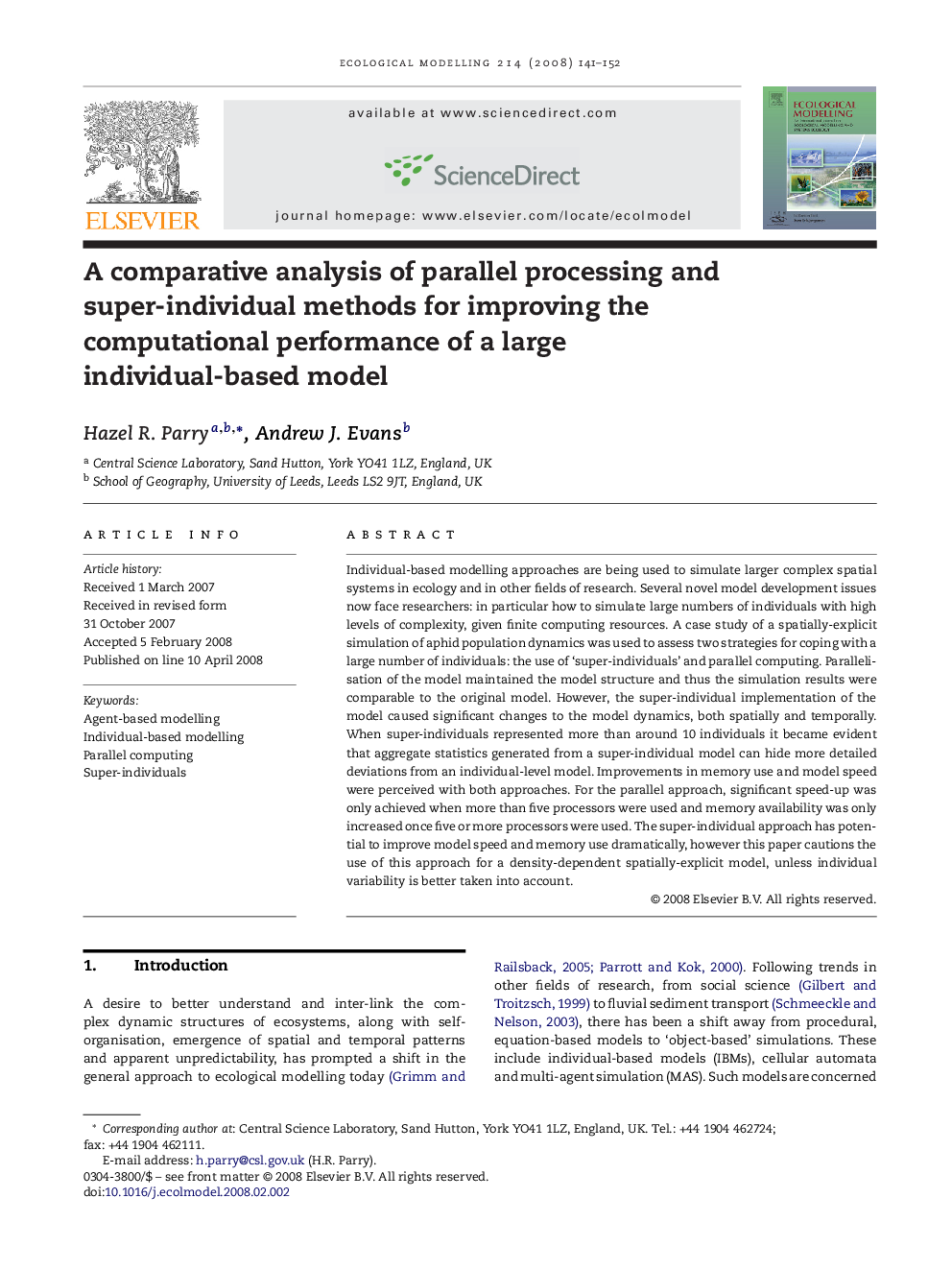 A comparative analysis of parallel processing and super-individual methods for improving the computational performance of a large individual-based model