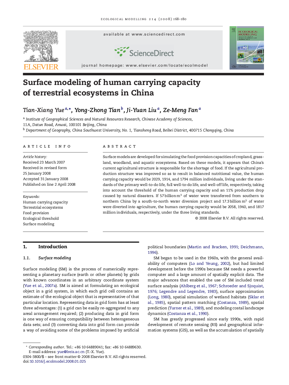 Surface modeling of human carrying capacity of terrestrial ecosystems in China