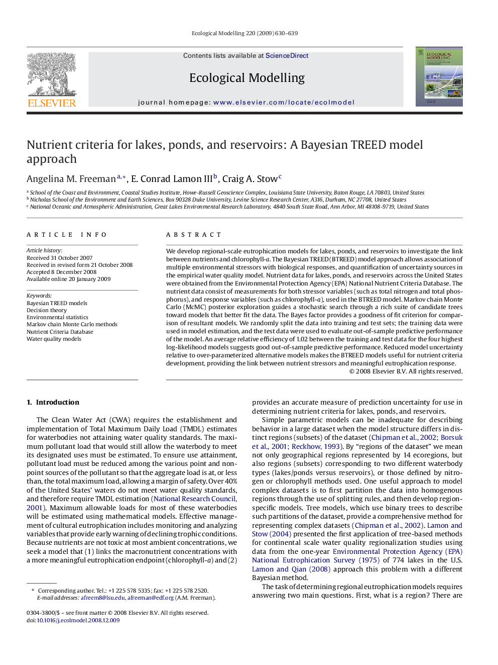 Nutrient criteria for lakes, ponds, and reservoirs: A Bayesian TREED model approach