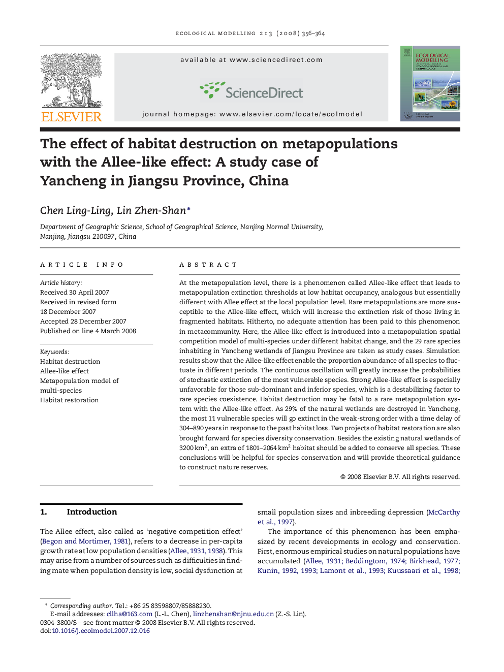 The effect of habitat destruction on metapopulations with the Allee-like effect: A study case of Yancheng in Jiangsu Province, China