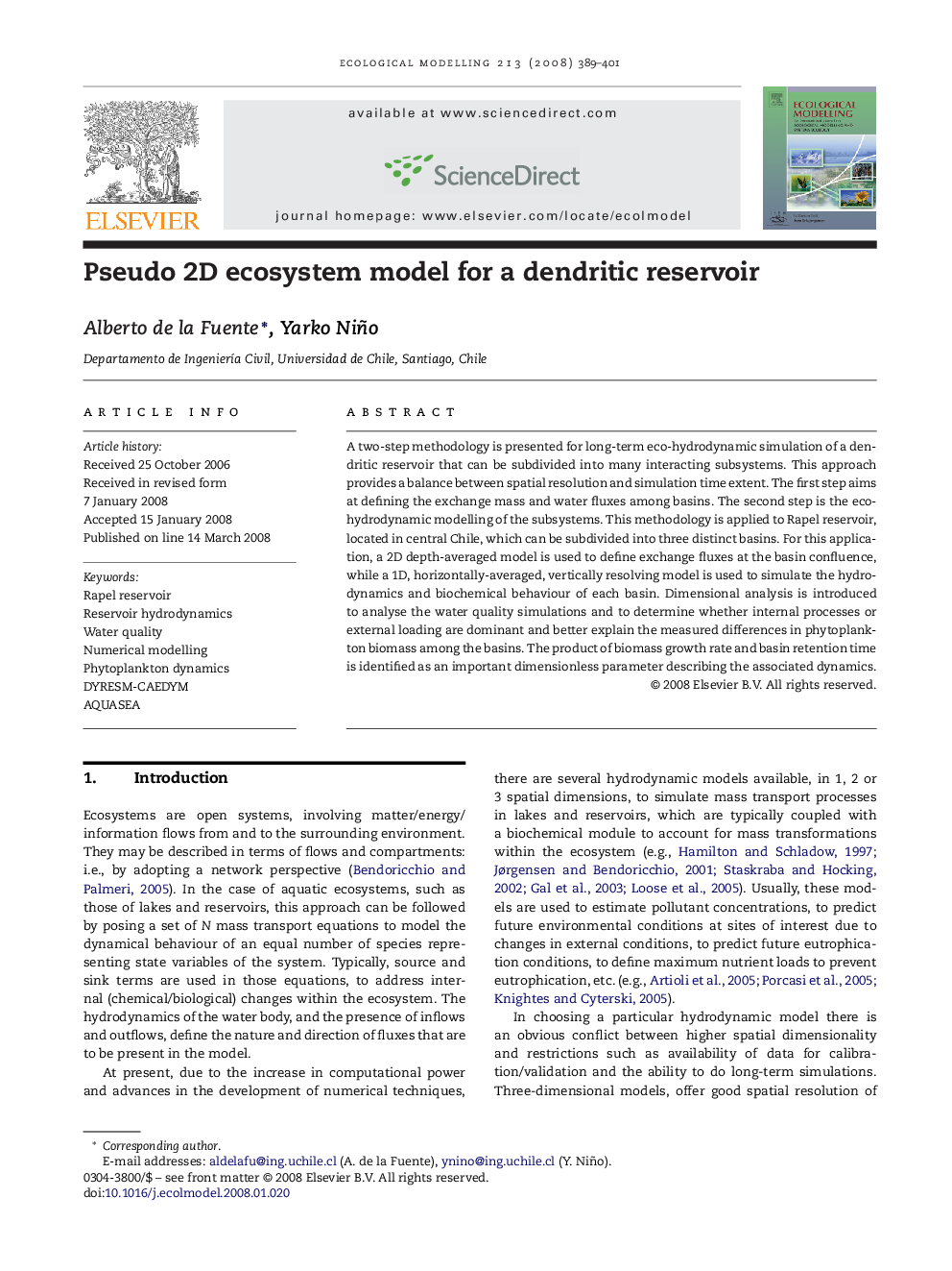 Pseudo 2D ecosystem model for a dendritic reservoir