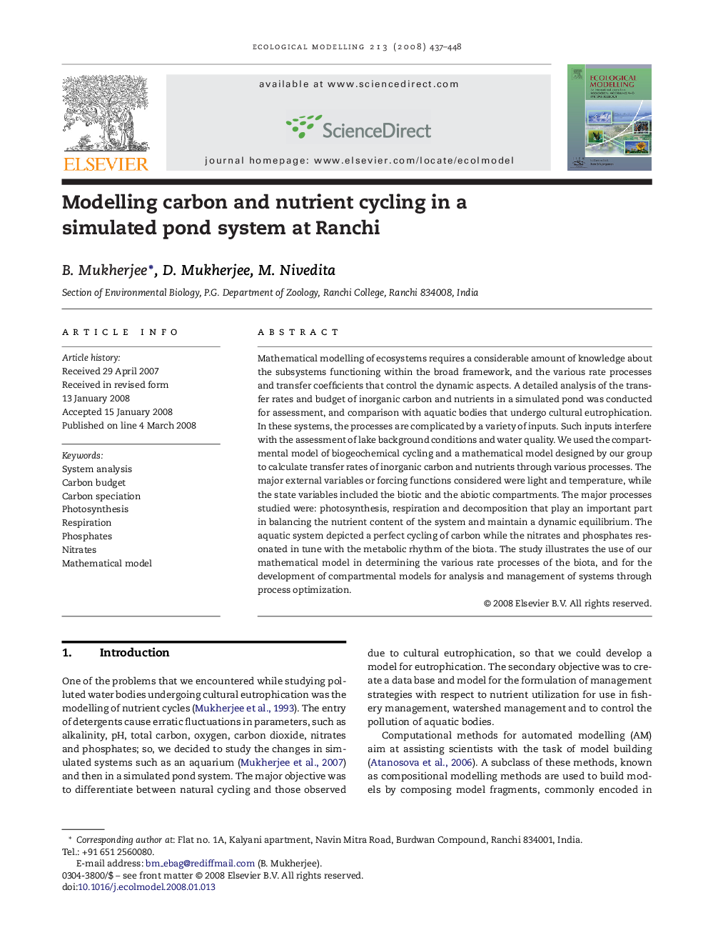 Modelling carbon and nutrient cycling in a simulated pond system at Ranchi