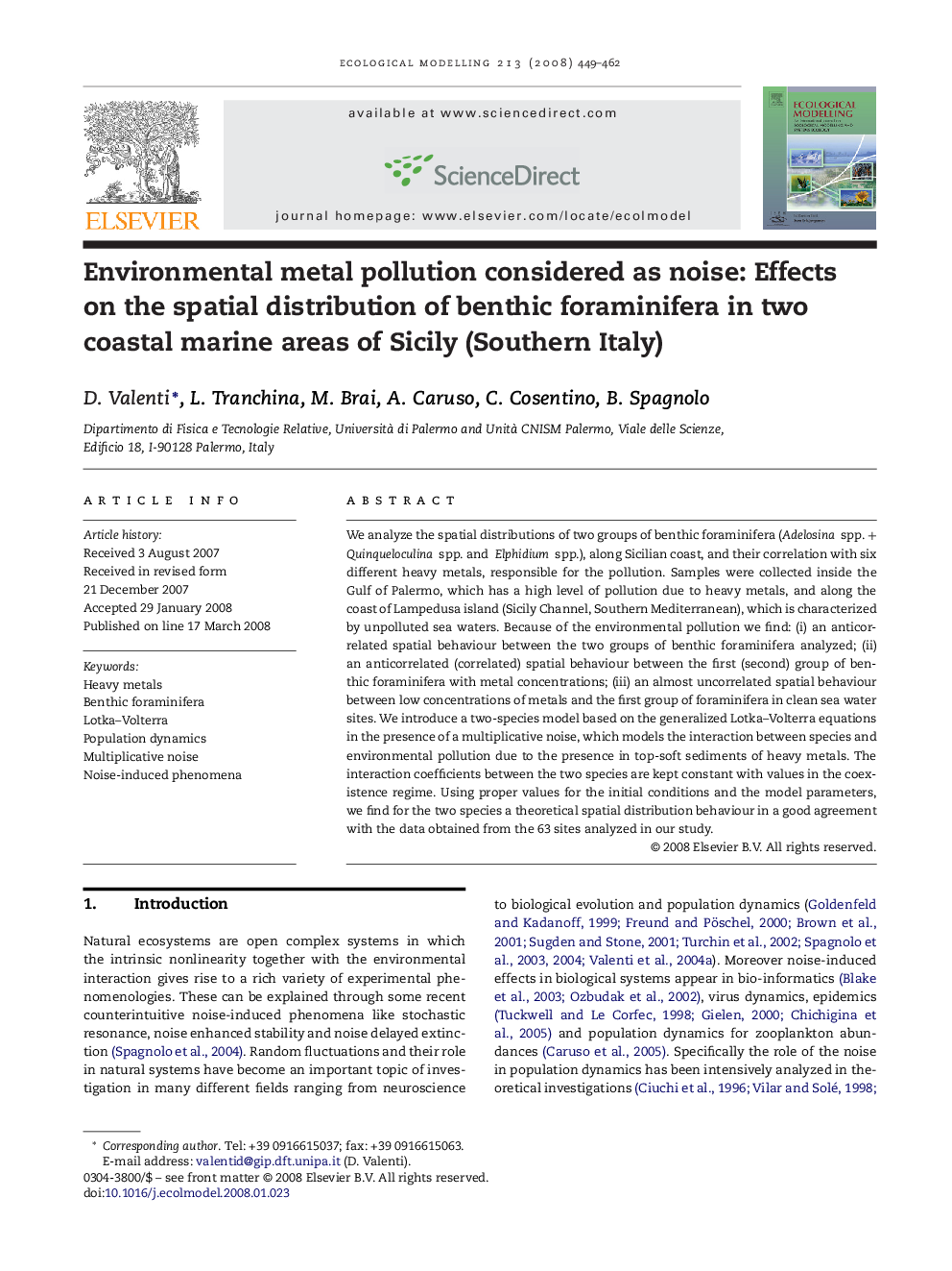 Environmental metal pollution considered as noise: Effects on the spatial distribution of benthic foraminifera in two coastal marine areas of Sicily (Southern Italy)