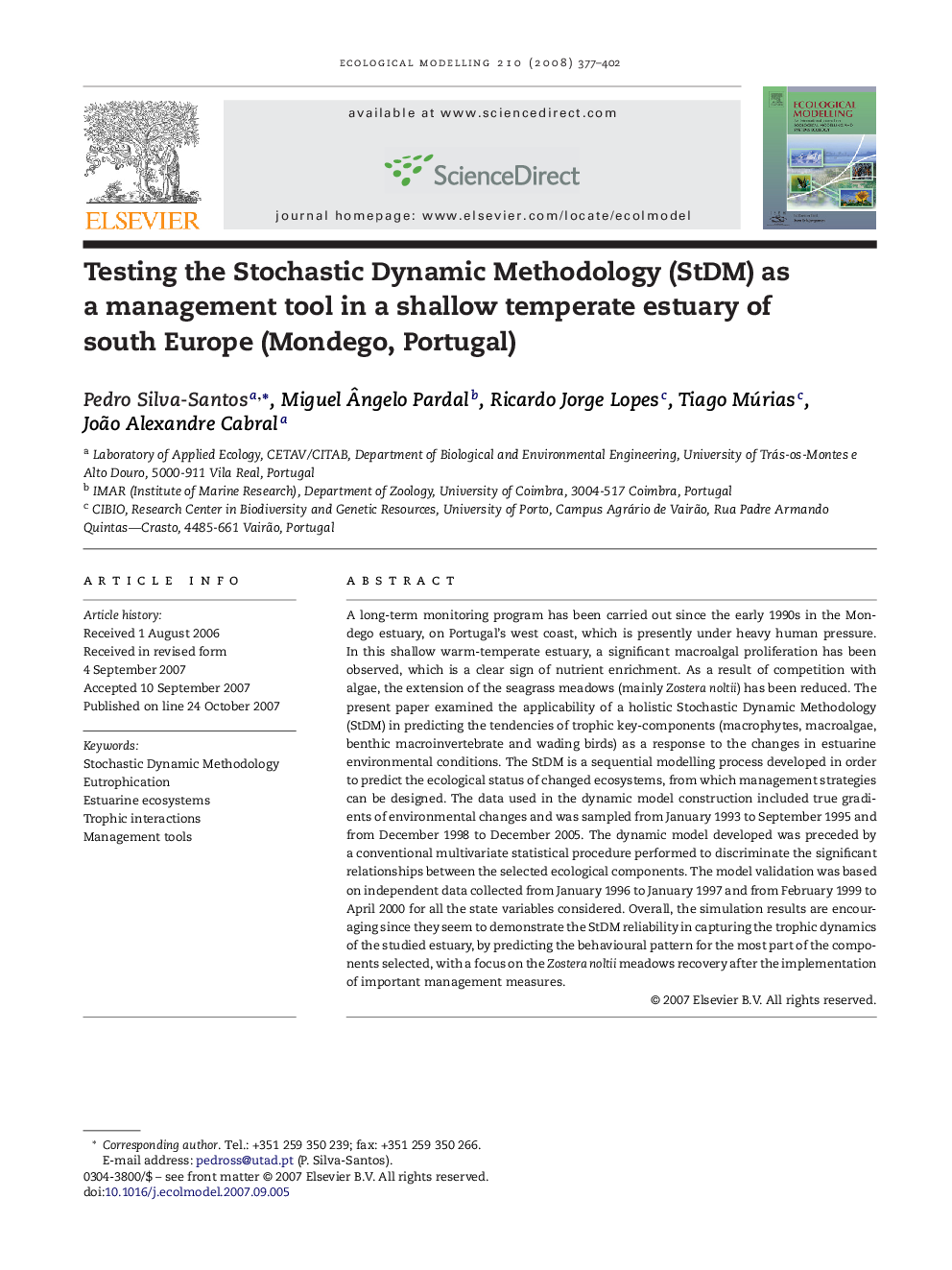 Testing the Stochastic Dynamic Methodology (StDM) as a management tool in a shallow temperate estuary of south Europe (Mondego, Portugal)