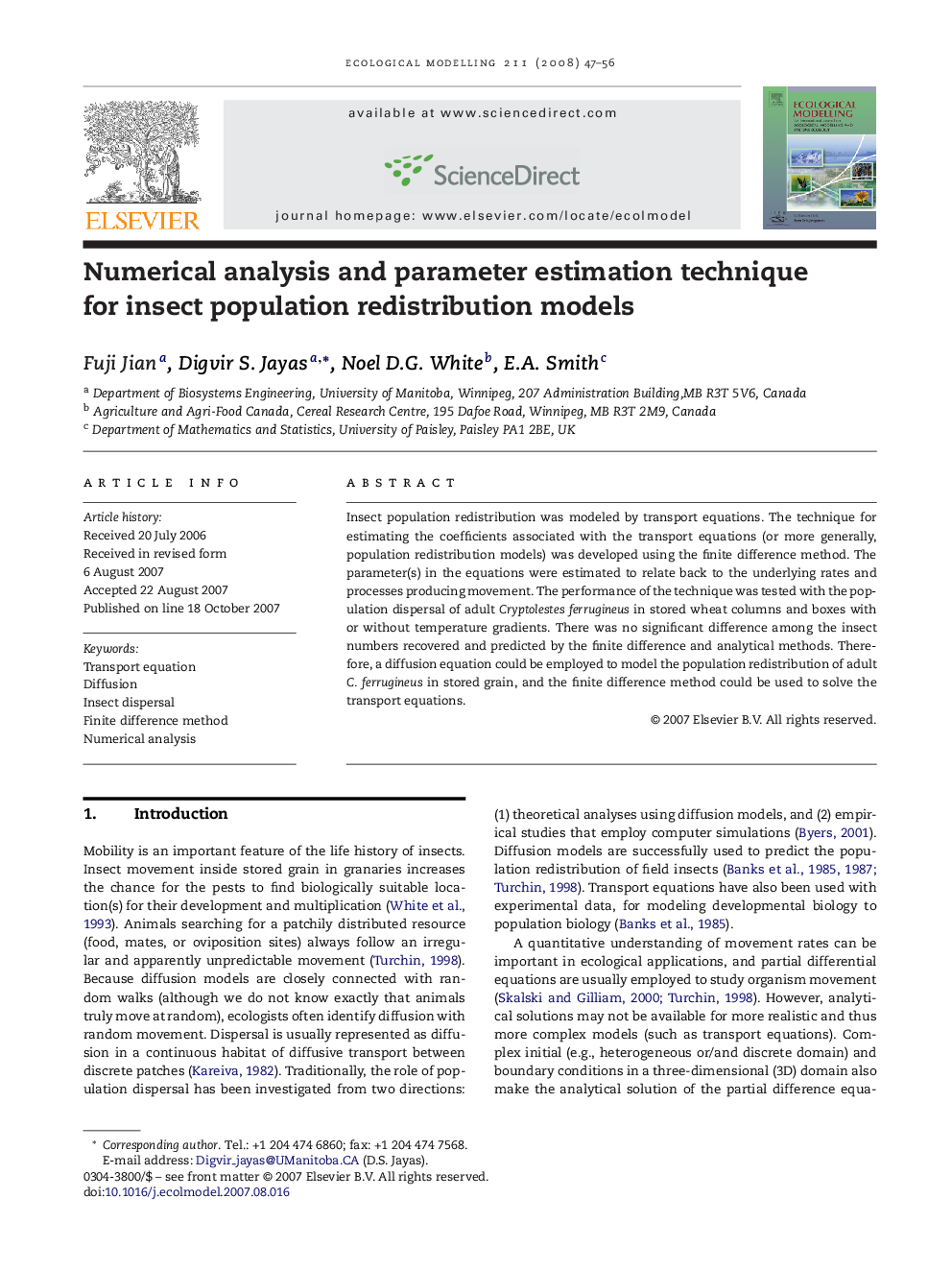 Numerical analysis and parameter estimation technique for insect population redistribution models