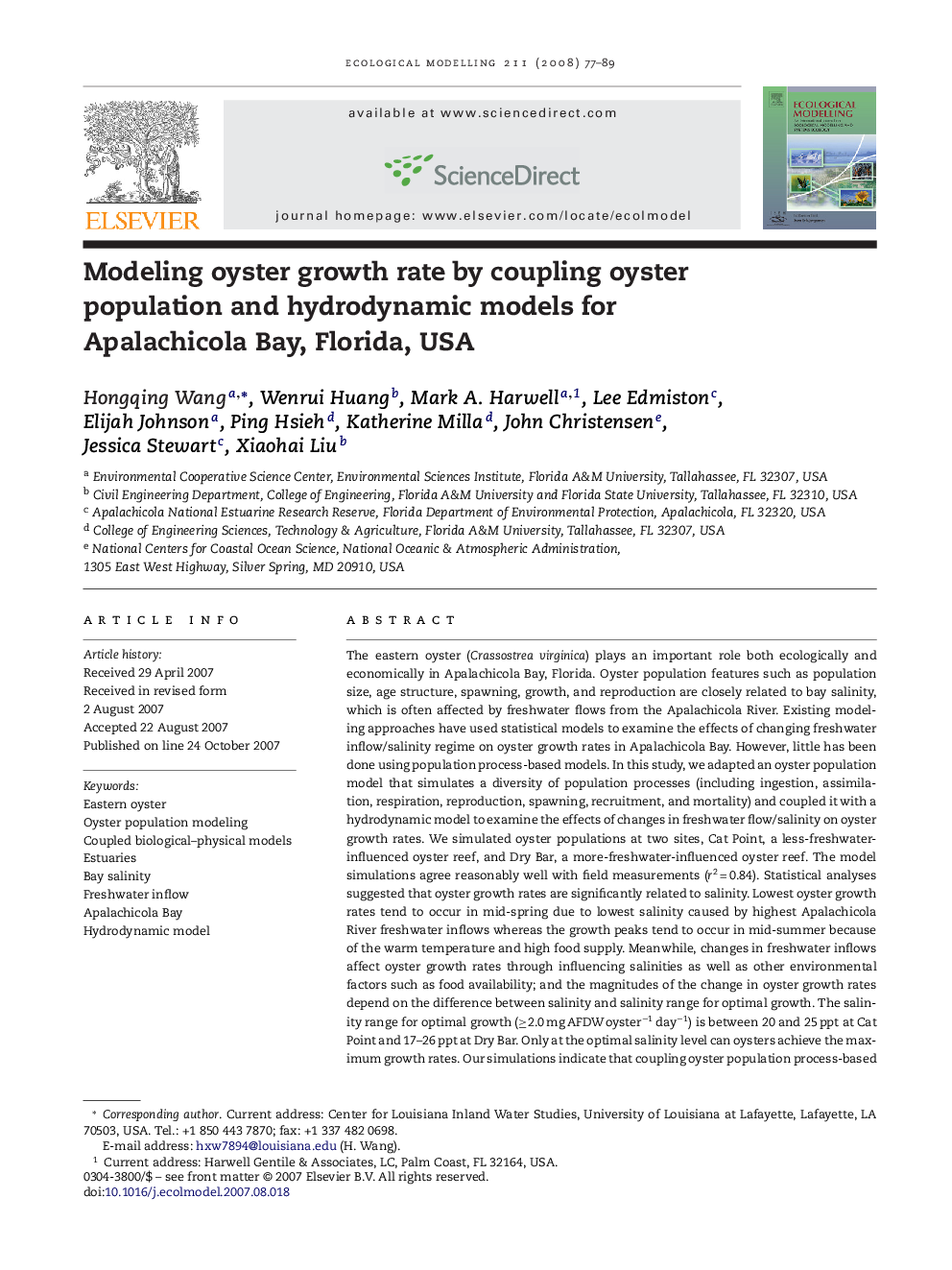 Modeling oyster growth rate by coupling oyster population and hydrodynamic models for Apalachicola Bay, Florida, USA