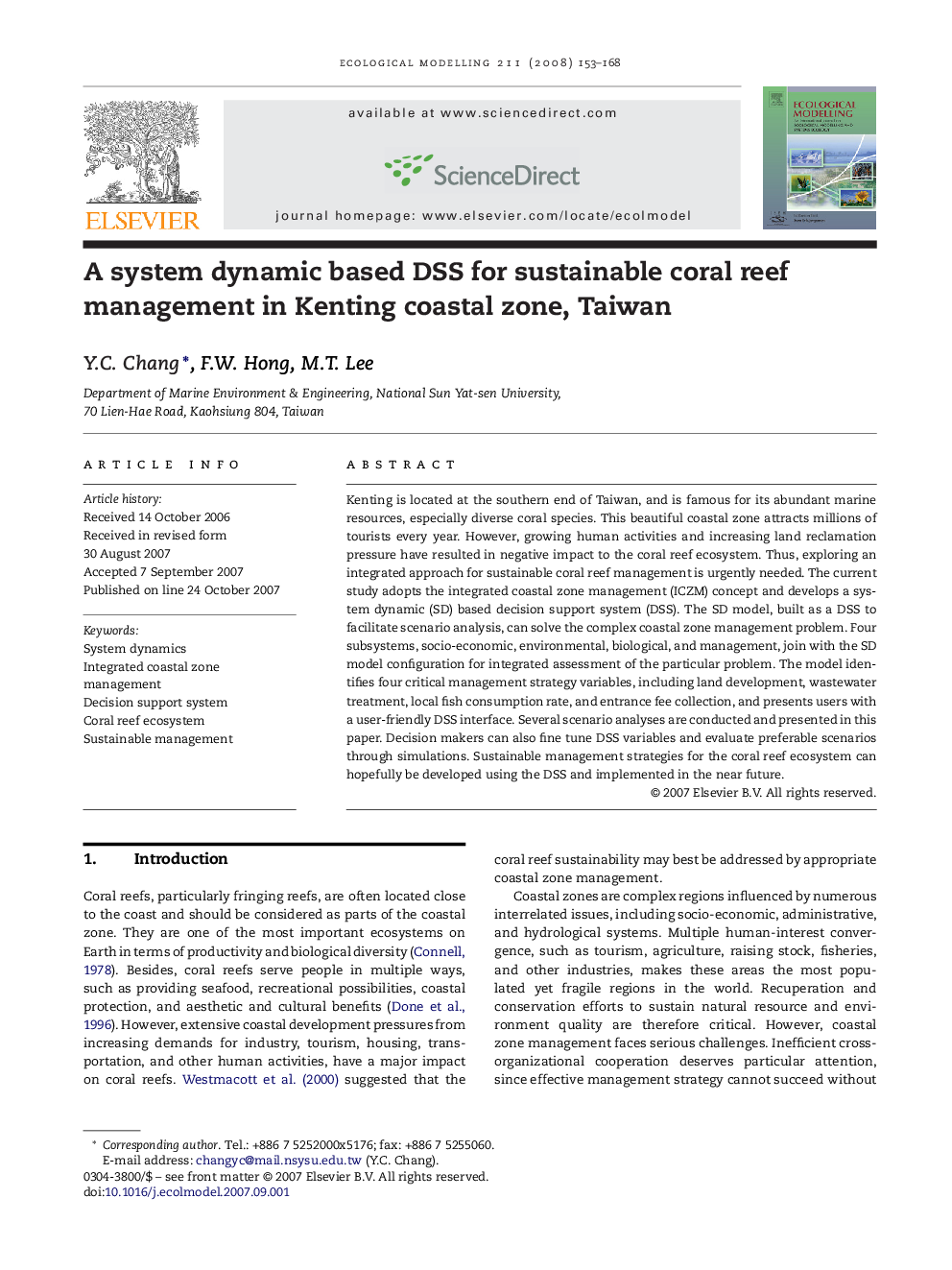 A system dynamic based DSS for sustainable coral reef management in Kenting coastal zone, Taiwan