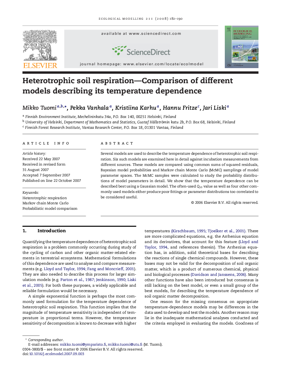 Heterotrophic soil respiration—Comparison of different models describing its temperature dependence