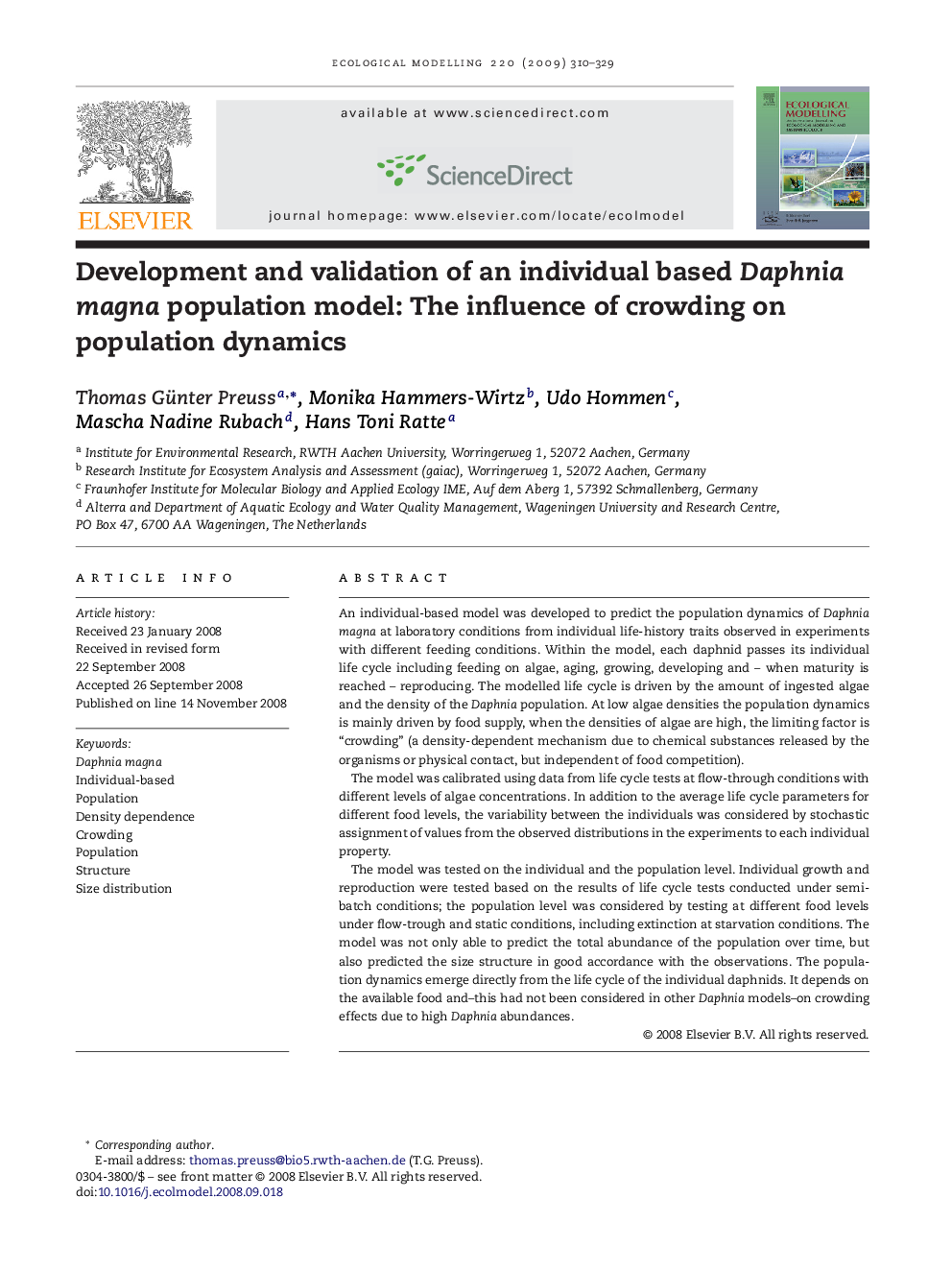 Development and validation of an individual based Daphnia magna population model: The influence of crowding on population dynamics