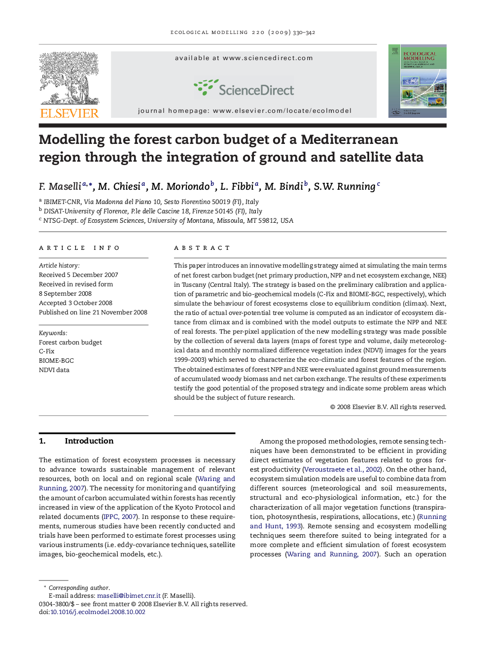 Modelling the forest carbon budget of a Mediterranean region through the integration of ground and satellite data