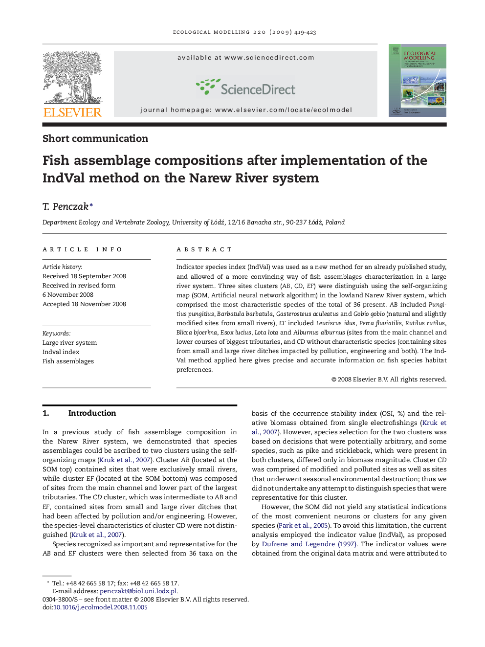 Fish assemblage compositions after implementation of the IndVal method on the Narew River system