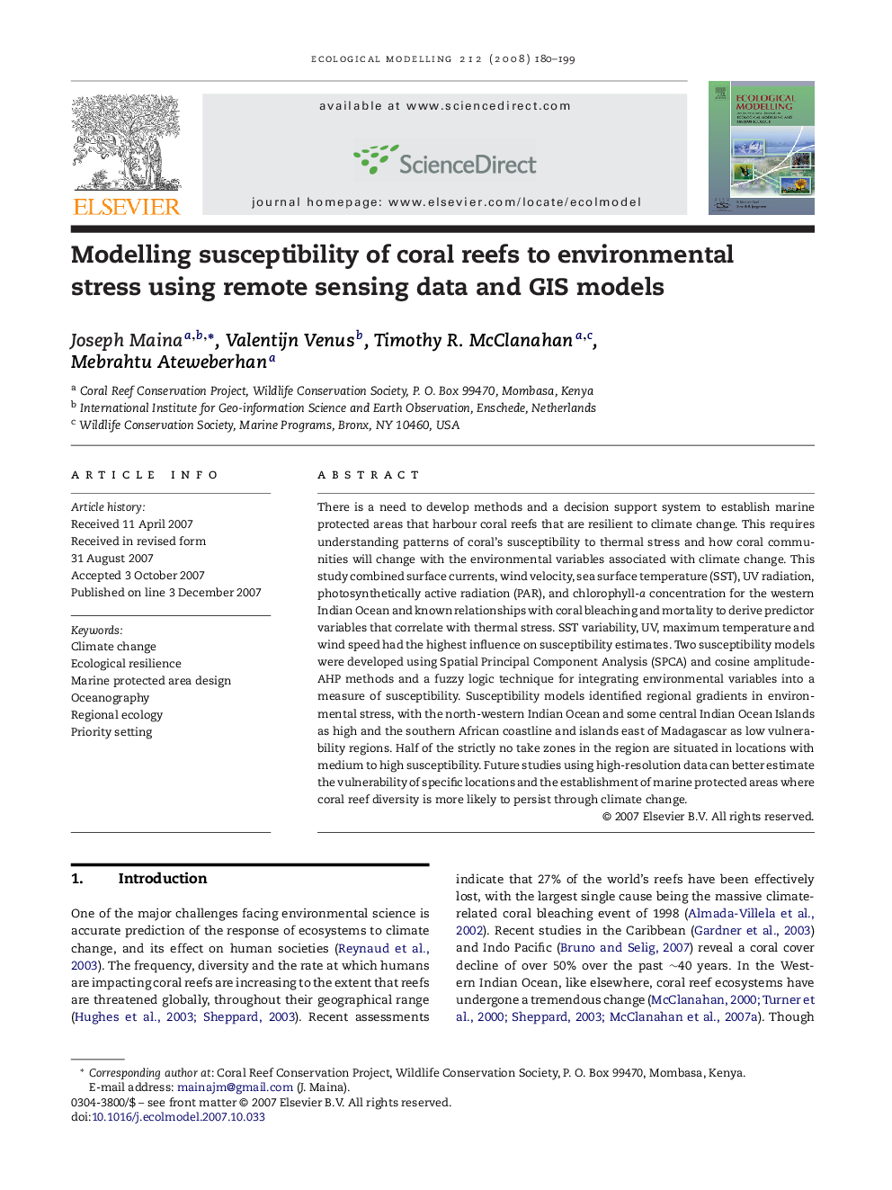 Modelling susceptibility of coral reefs to environmental stress using remote sensing data and GIS models