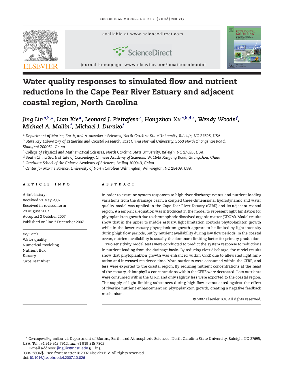 Water quality responses to simulated flow and nutrient reductions in the Cape Fear River Estuary and adjacent coastal region, North Carolina