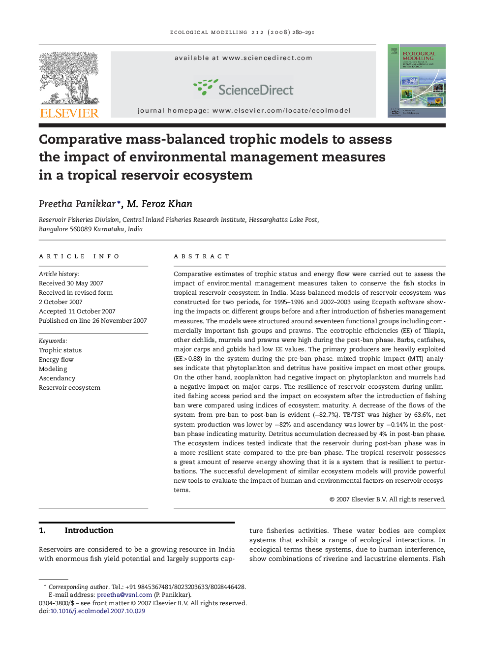 Comparative mass-balanced trophic models to assess the impact of environmental management measures in a tropical reservoir ecosystem