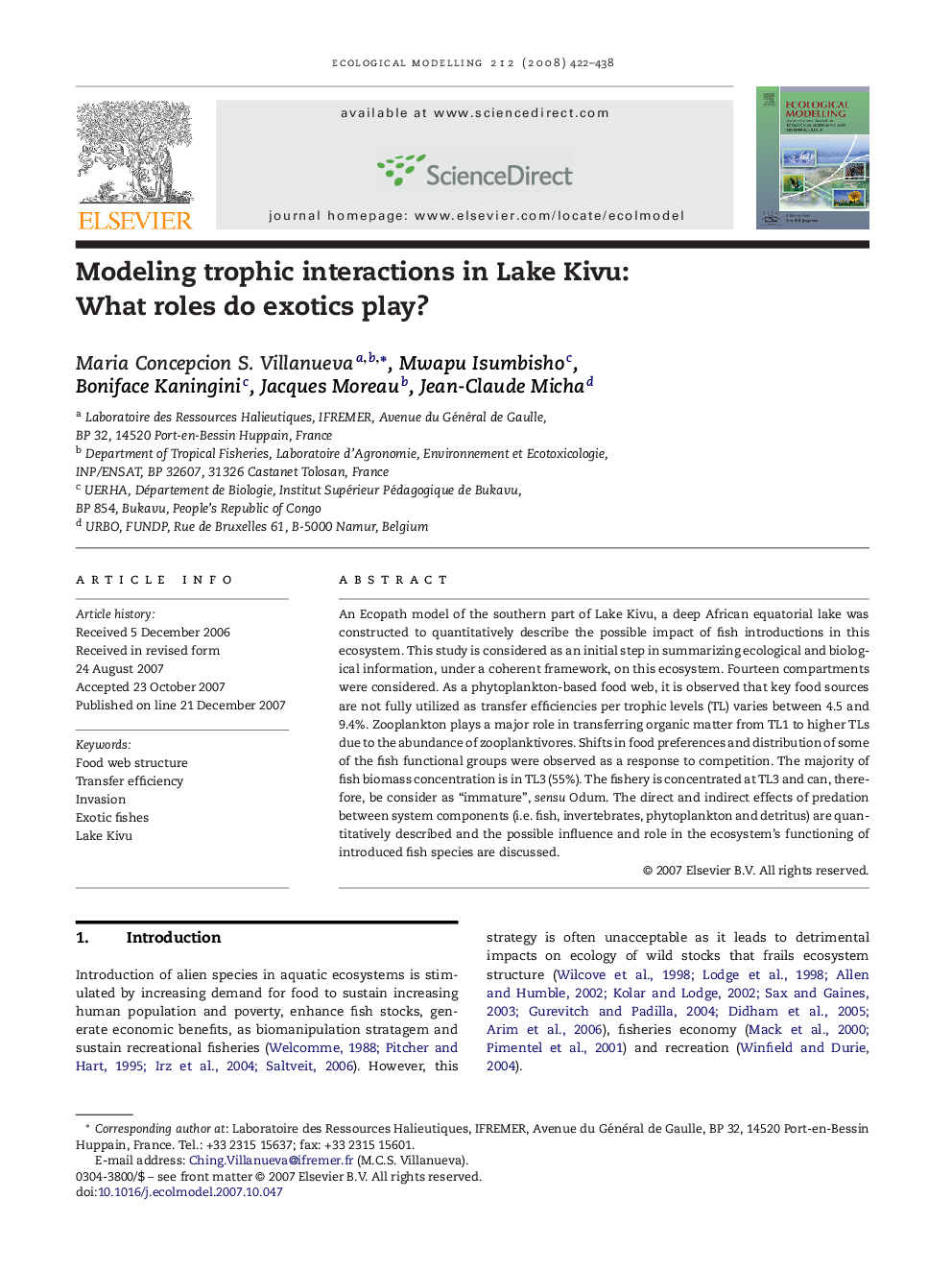 Modeling trophic interactions in Lake Kivu: What roles do exotics play?