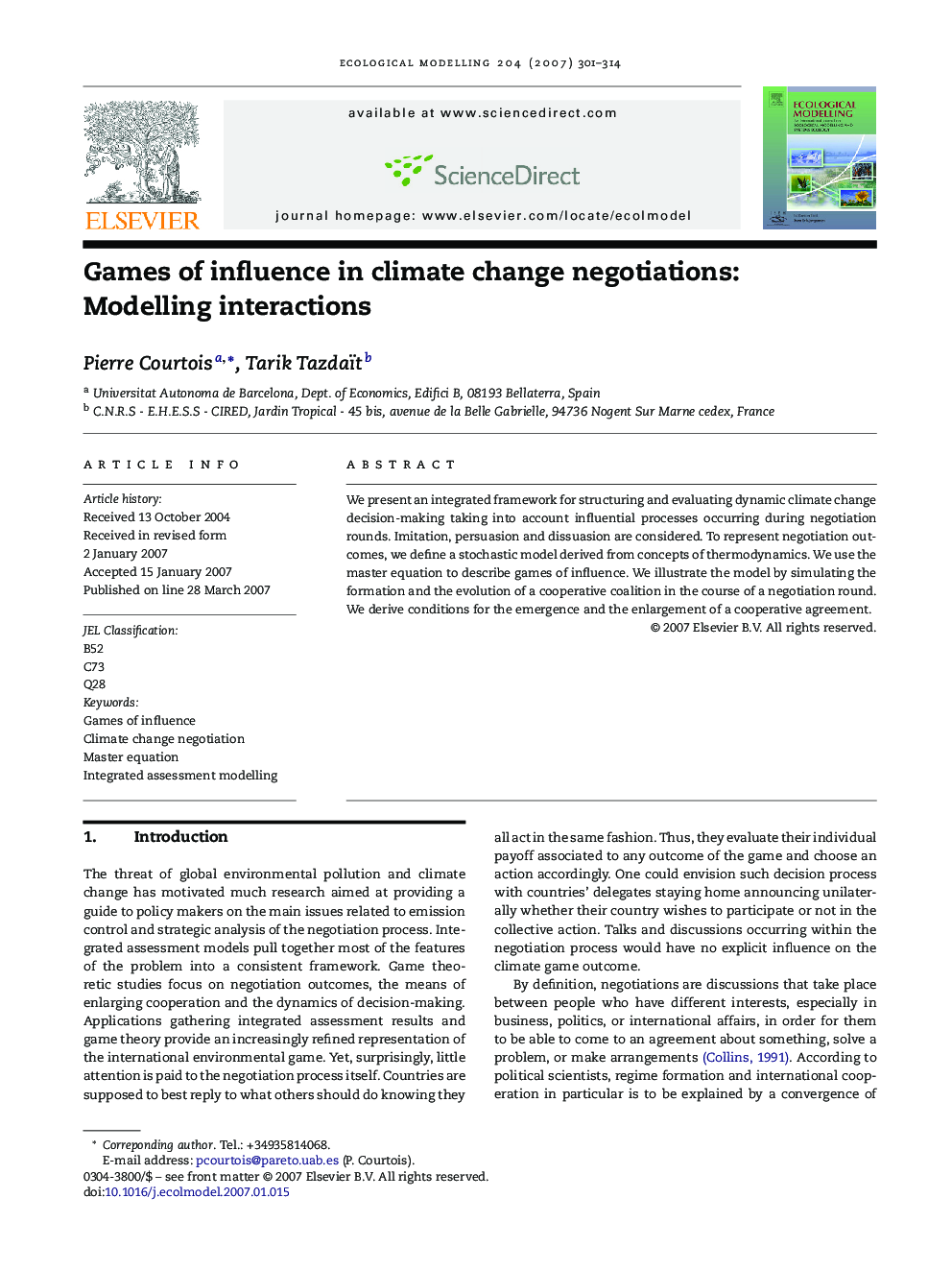 Games of influence in climate change negotiations: Modelling interactions