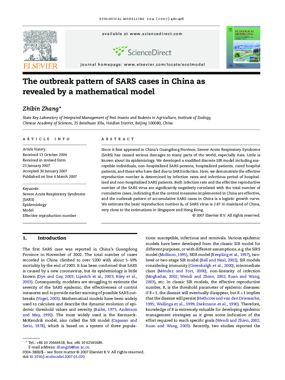 The outbreak pattern of SARS cases in China as revealed by a mathematical model