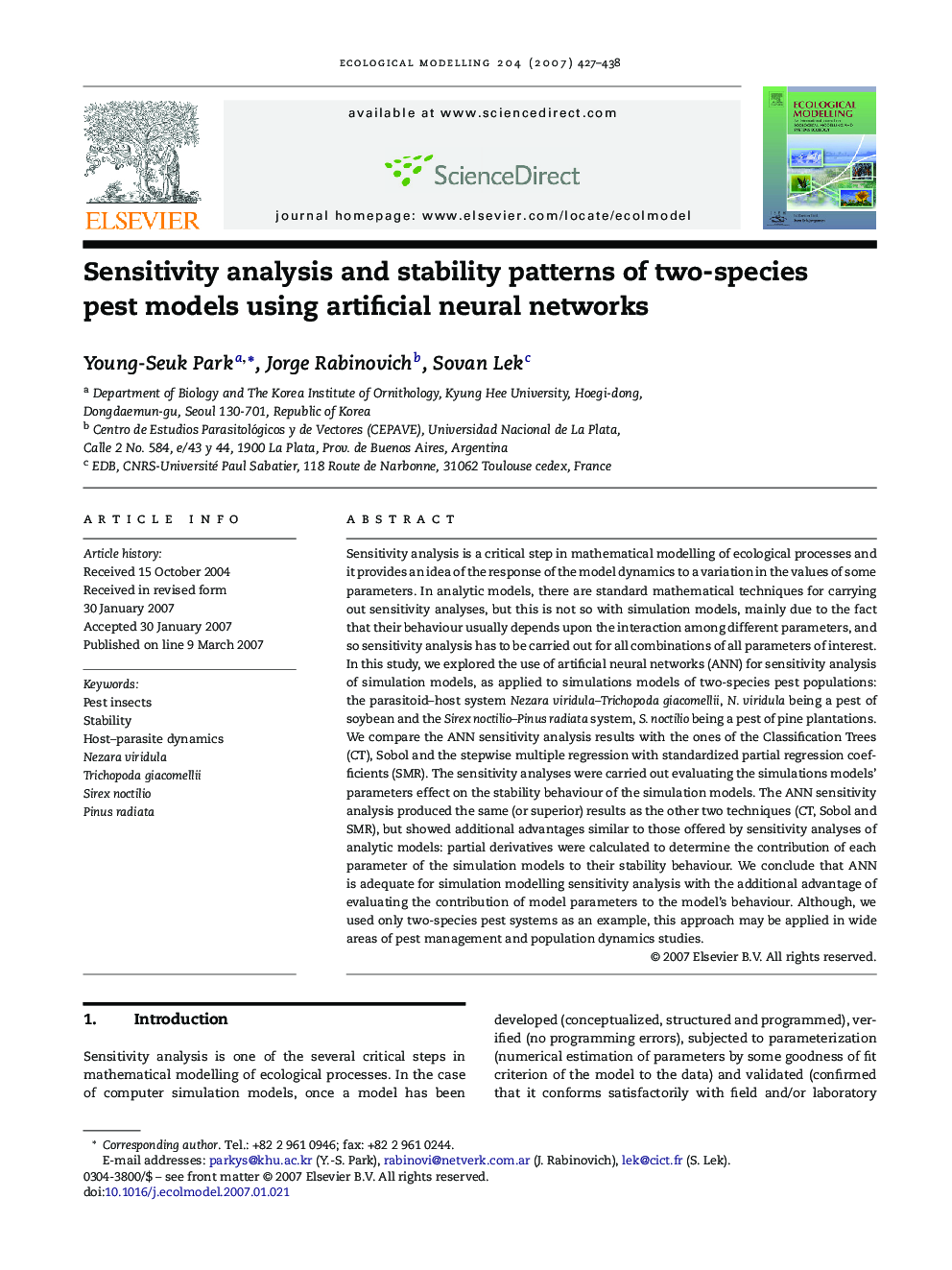 Sensitivity analysis and stability patterns of two-species pest models using artificial neural networks
