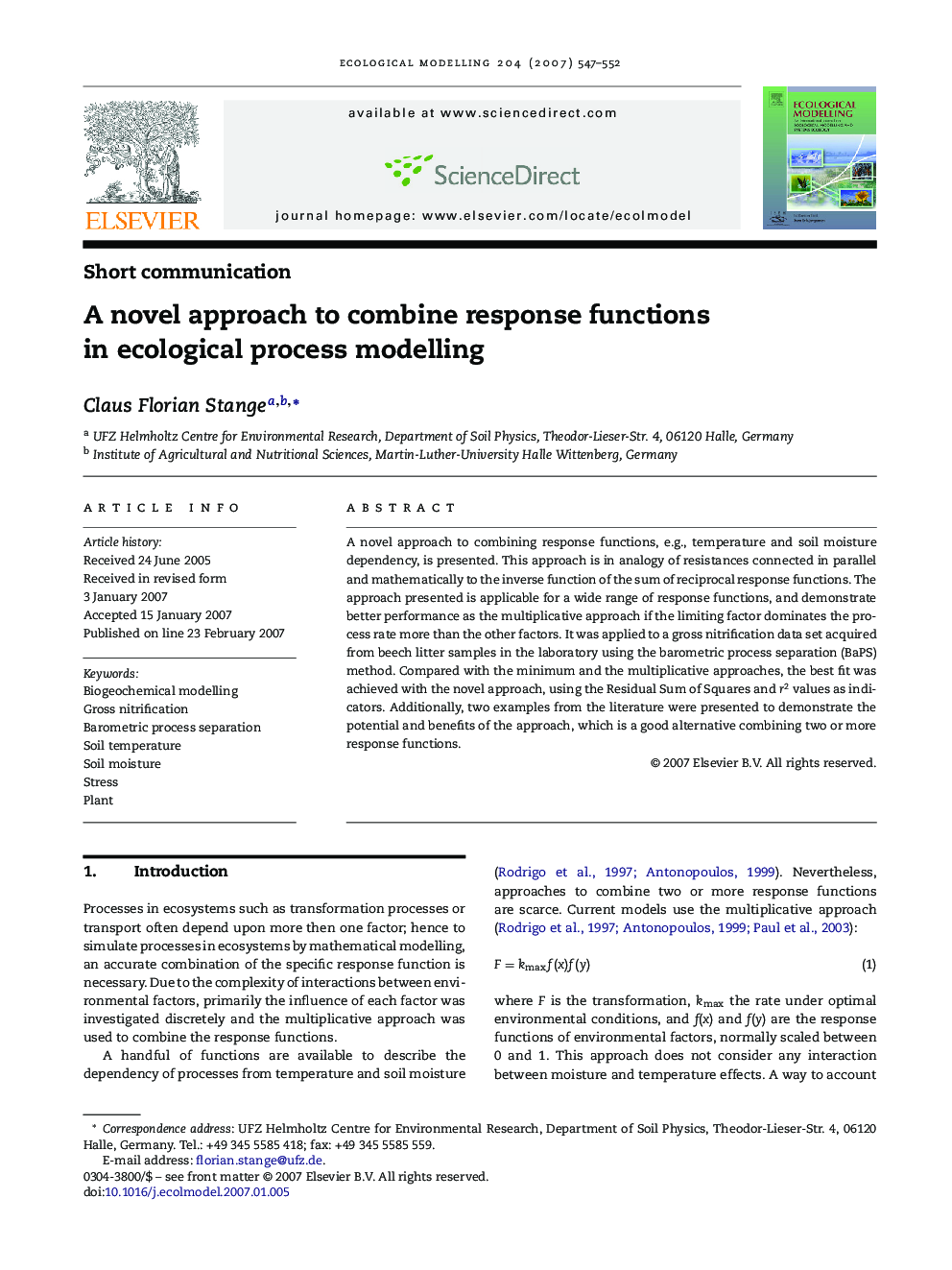 A novel approach to combine response functions in ecological process modelling