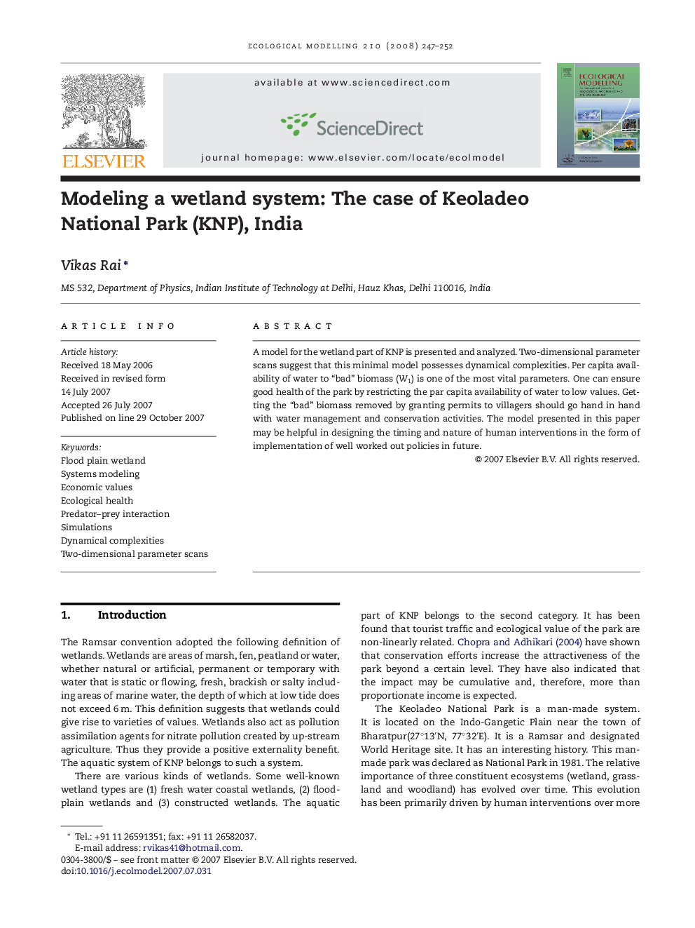 Modeling a wetland system: The case of Keoladeo National Park (KNP), India