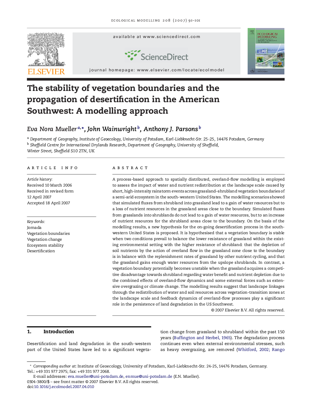 The stability of vegetation boundaries and the propagation of desertification in the American Southwest: A modelling approach