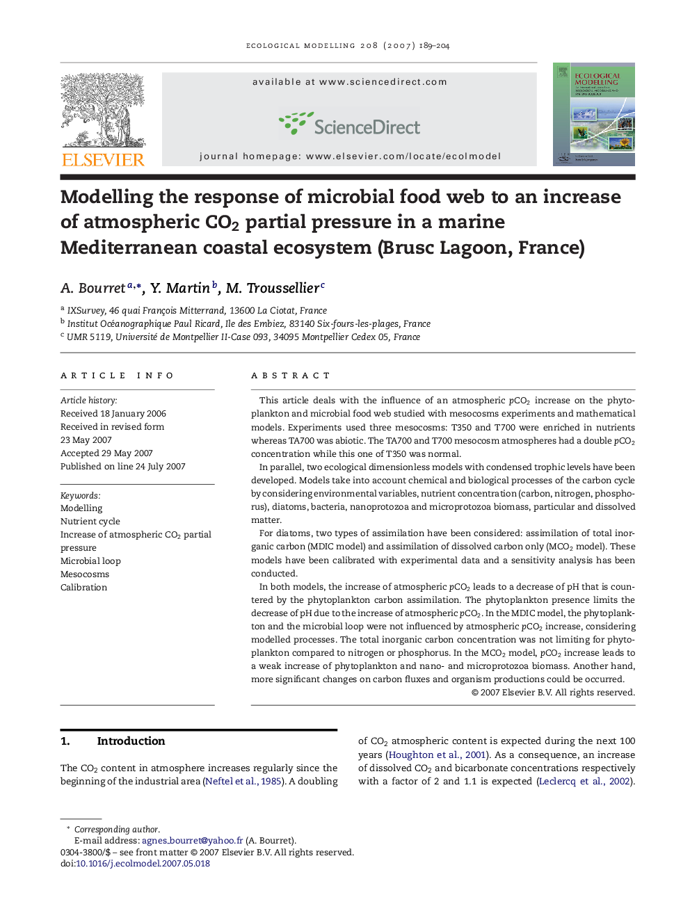 Modelling the response of microbial food web to an increase of atmospheric CO2 partial pressure in a marine Mediterranean coastal ecosystem (Brusc Lagoon, France)