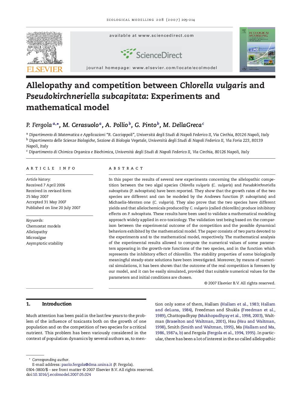 Allelopathy and competition between Chlorella vulgaris and Pseudokirchneriella subcapitata: Experiments and mathematical model