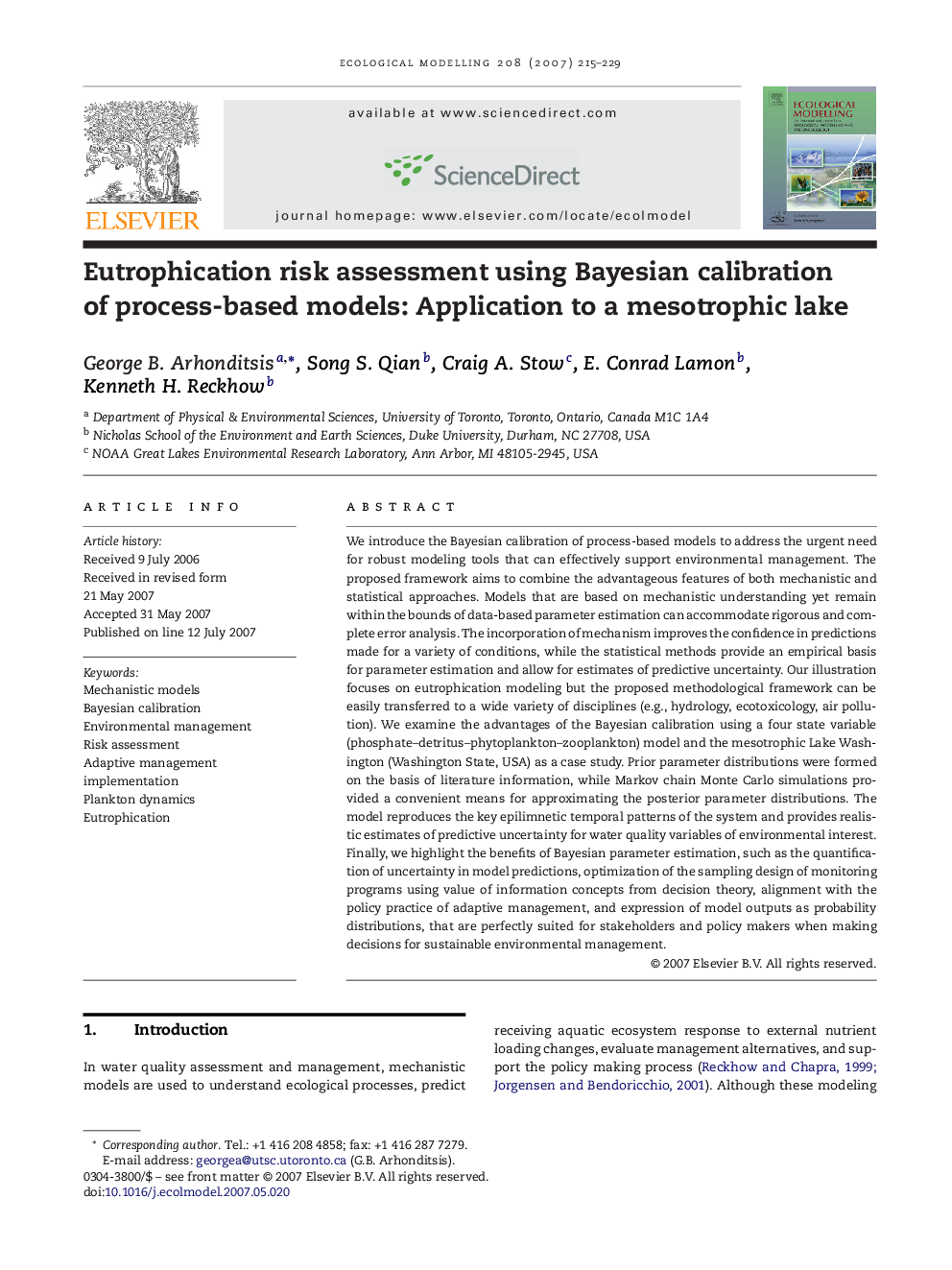 Eutrophication risk assessment using Bayesian calibration of process-based models: Application to a mesotrophic lake