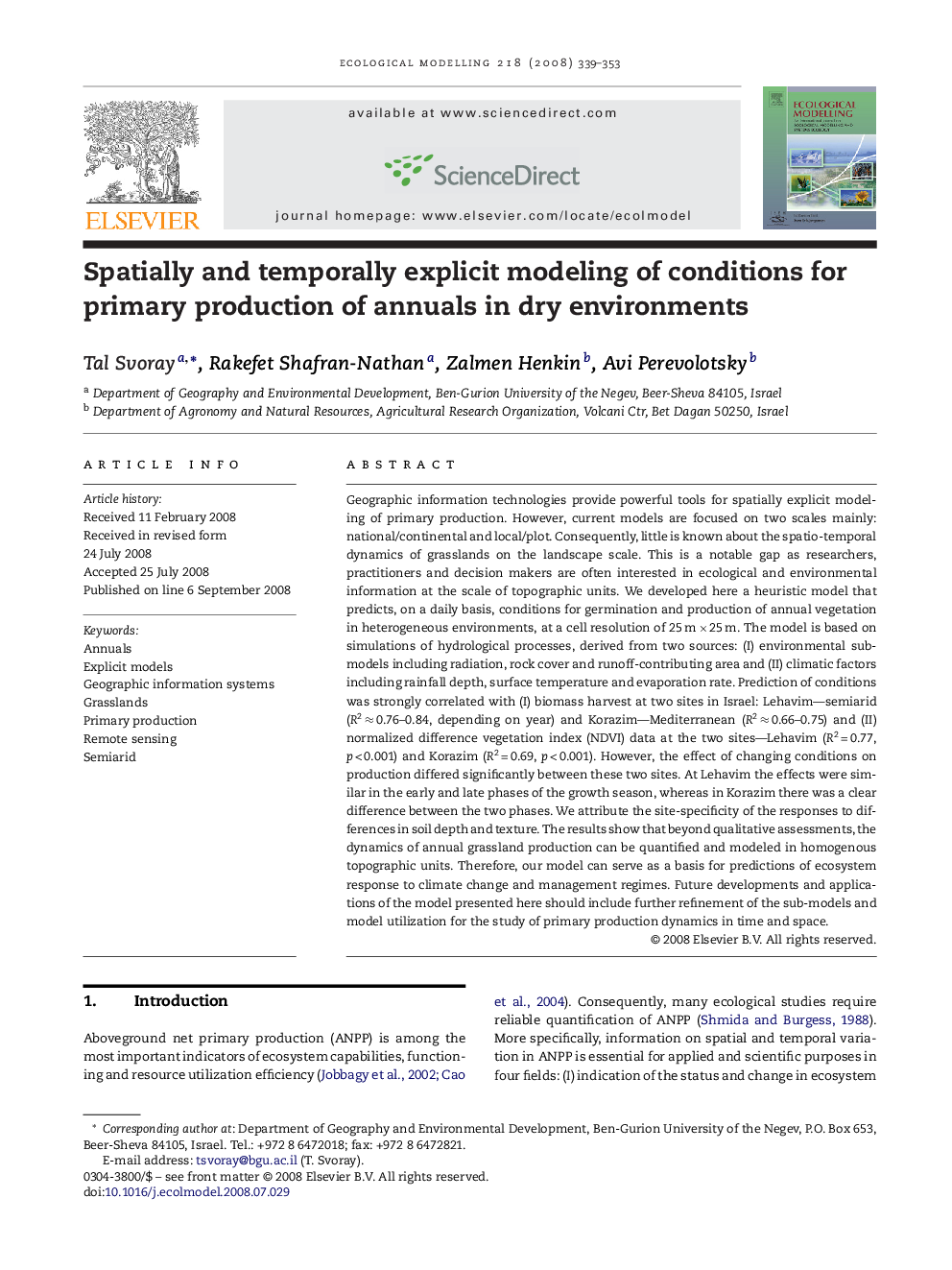 Spatially and temporally explicit modeling of conditions for primary production of annuals in dry environments