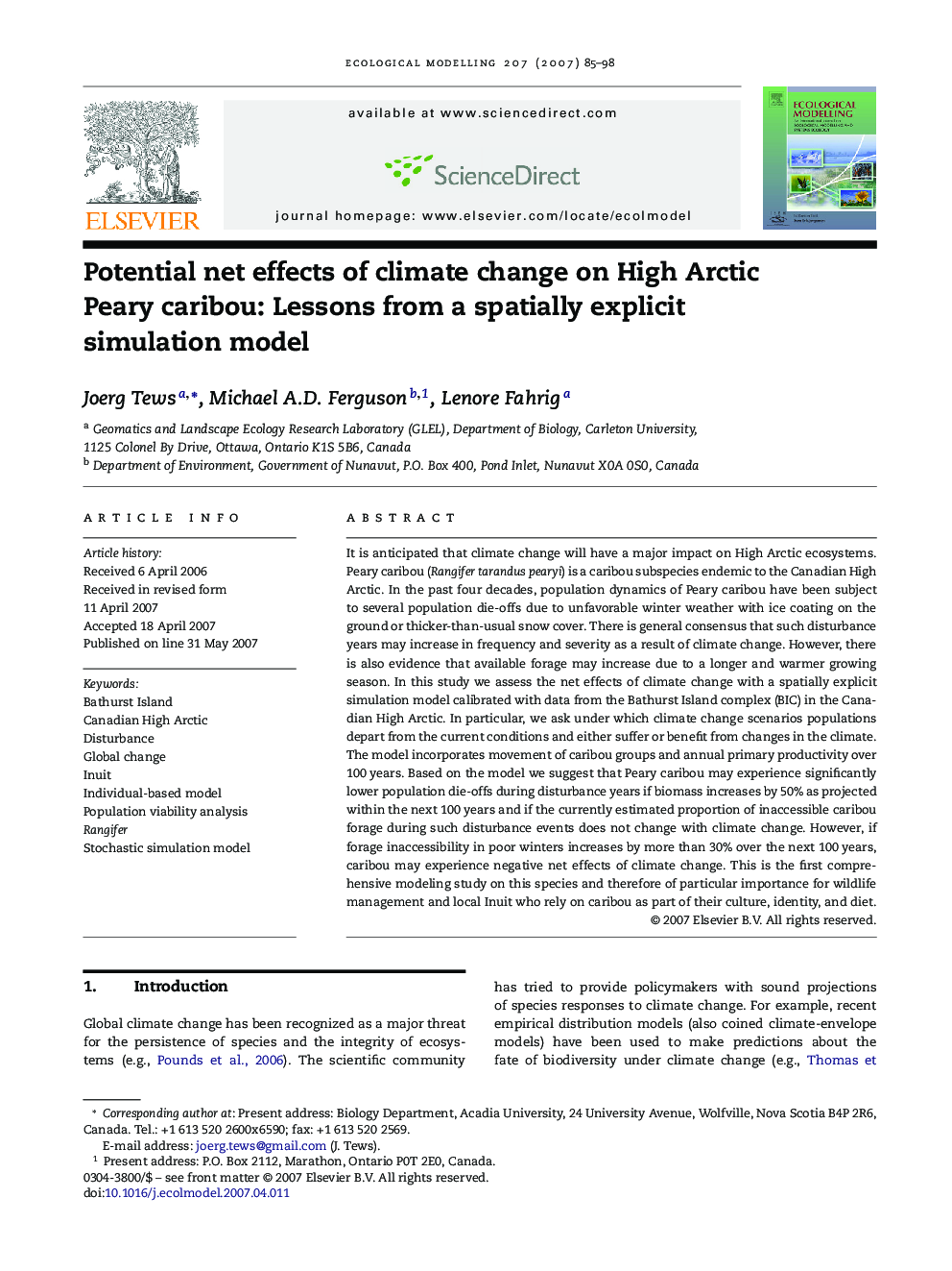 Potential net effects of climate change on High Arctic Peary caribou: Lessons from a spatially explicit simulation model