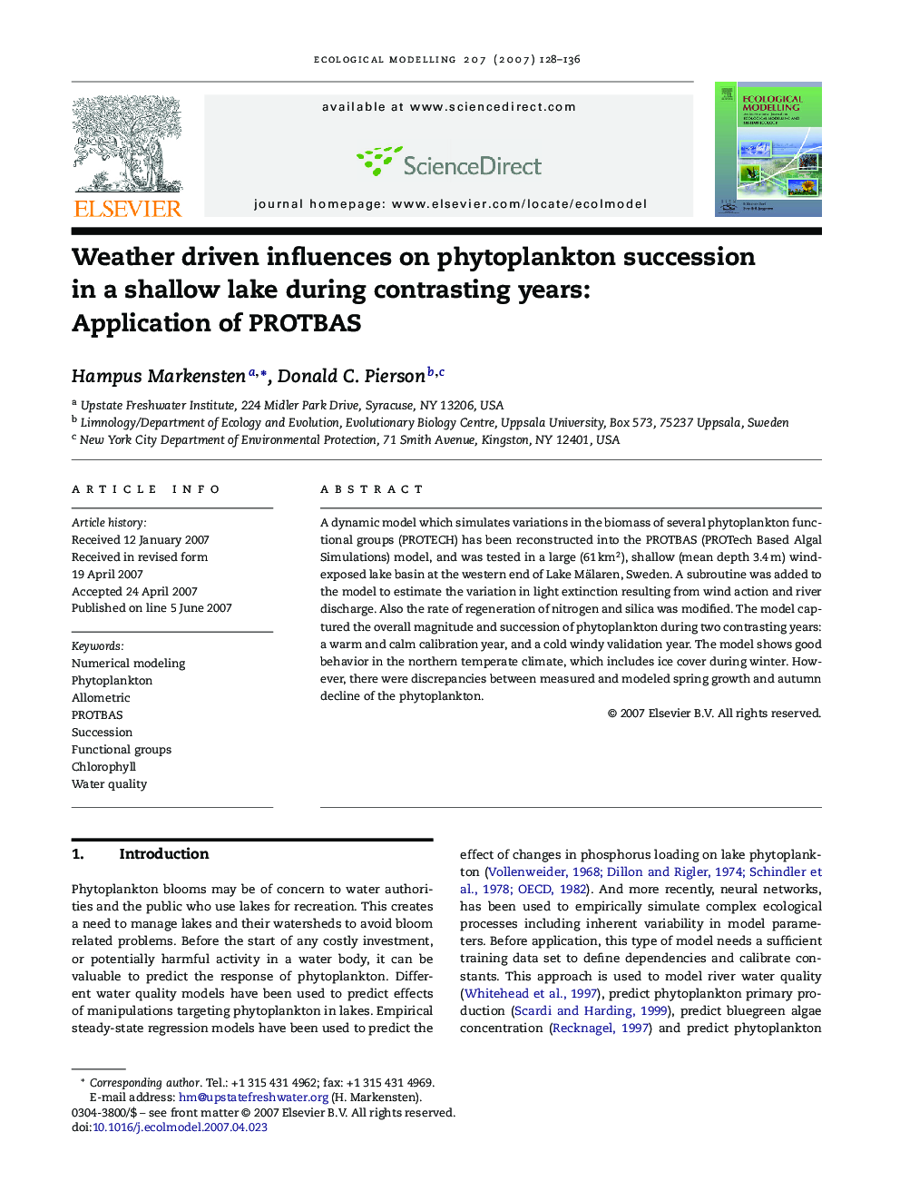 Weather driven influences on phytoplankton succession in a shallow lake during contrasting years: Application of PROTBAS