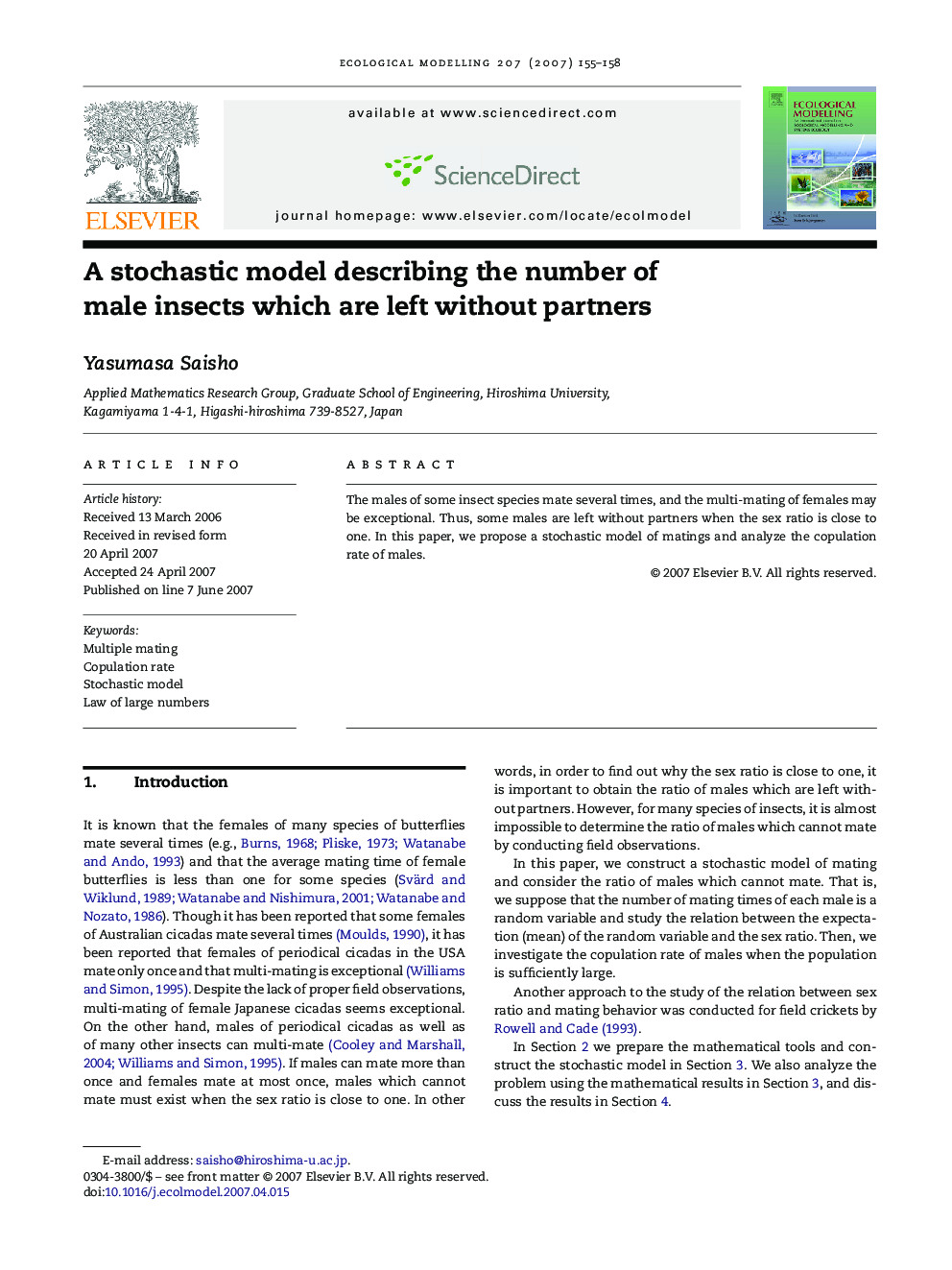 A stochastic model describing the number of male insects which are left without partners