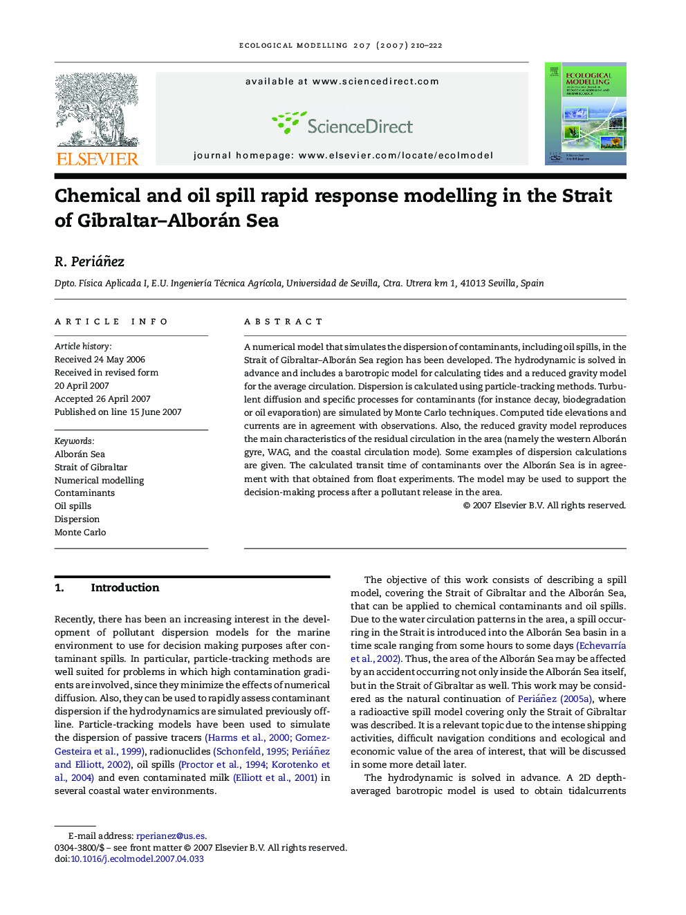 Chemical and oil spill rapid response modelling in the Strait of Gibraltar–Alborán Sea