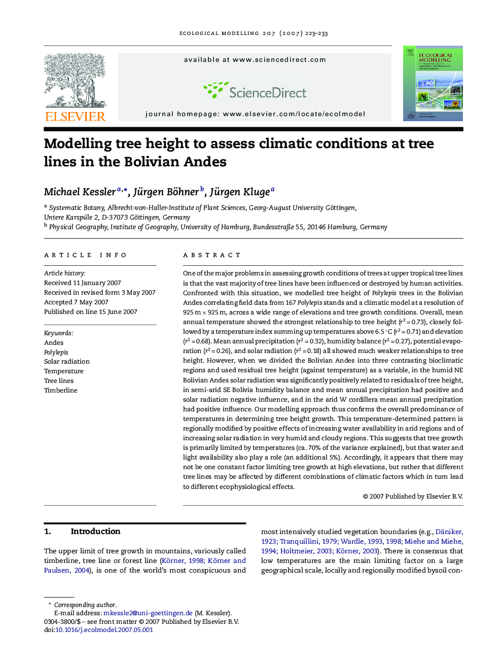 Modelling tree height to assess climatic conditions at tree lines in the Bolivian Andes