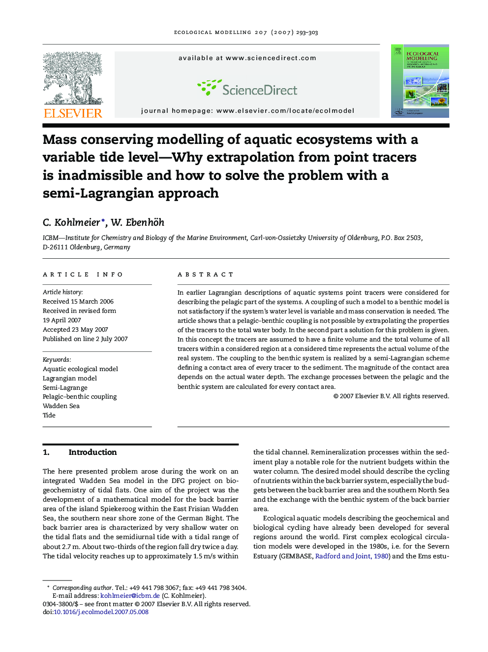 Mass conserving modelling of aquatic ecosystems with a variable tide level—Why extrapolation from point tracers is inadmissible and how to solve the problem with a semi-Lagrangian approach