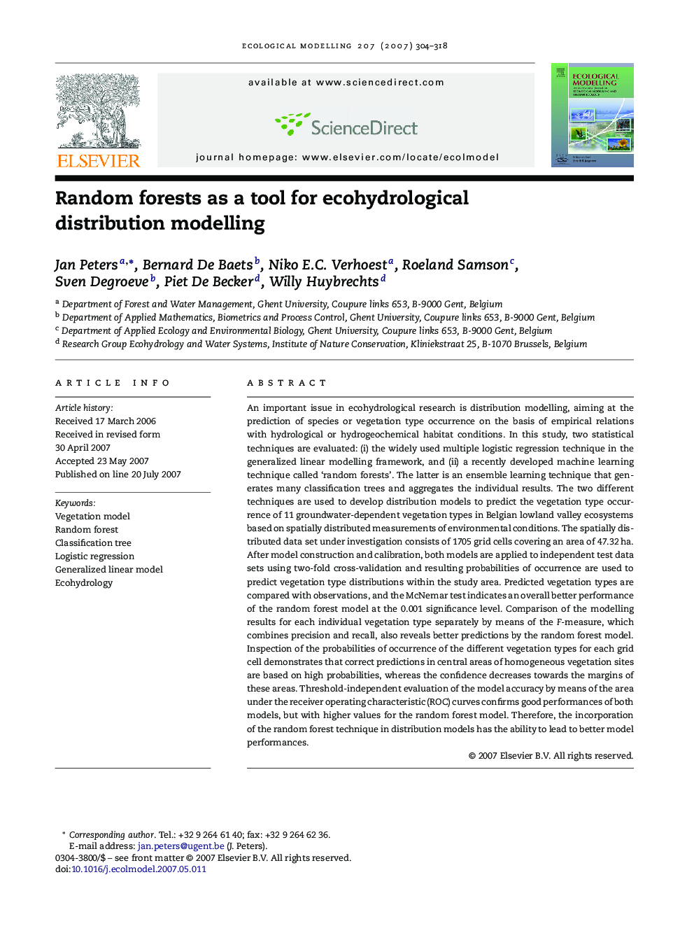 Random forests as a tool for ecohydrological distribution modelling