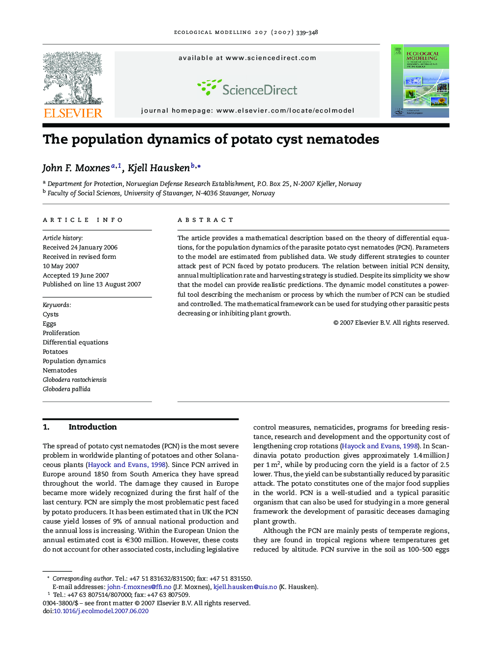 The population dynamics of potato cyst nematodes