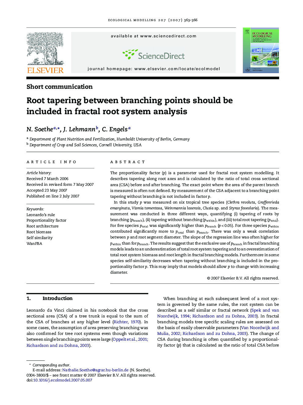 Root tapering between branching points should be included in fractal root system analysis