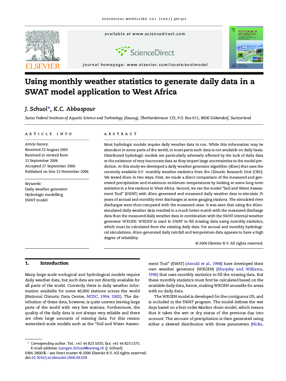 Using monthly weather statistics to generate daily data in a SWAT model application to West Africa