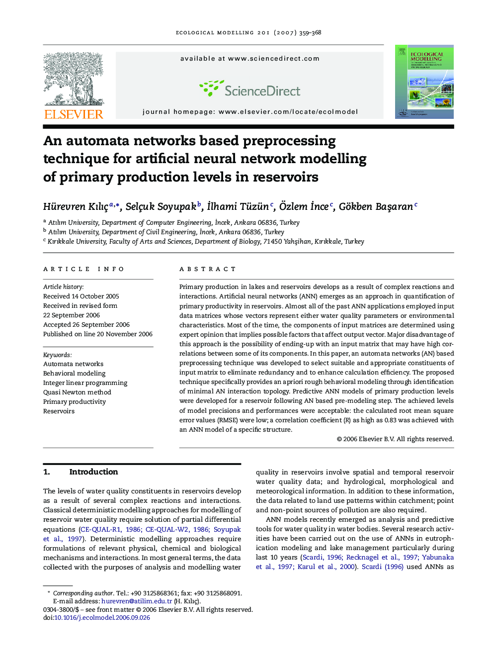 An automata networks based preprocessing technique for artificial neural network modelling of primary production levels in reservoirs