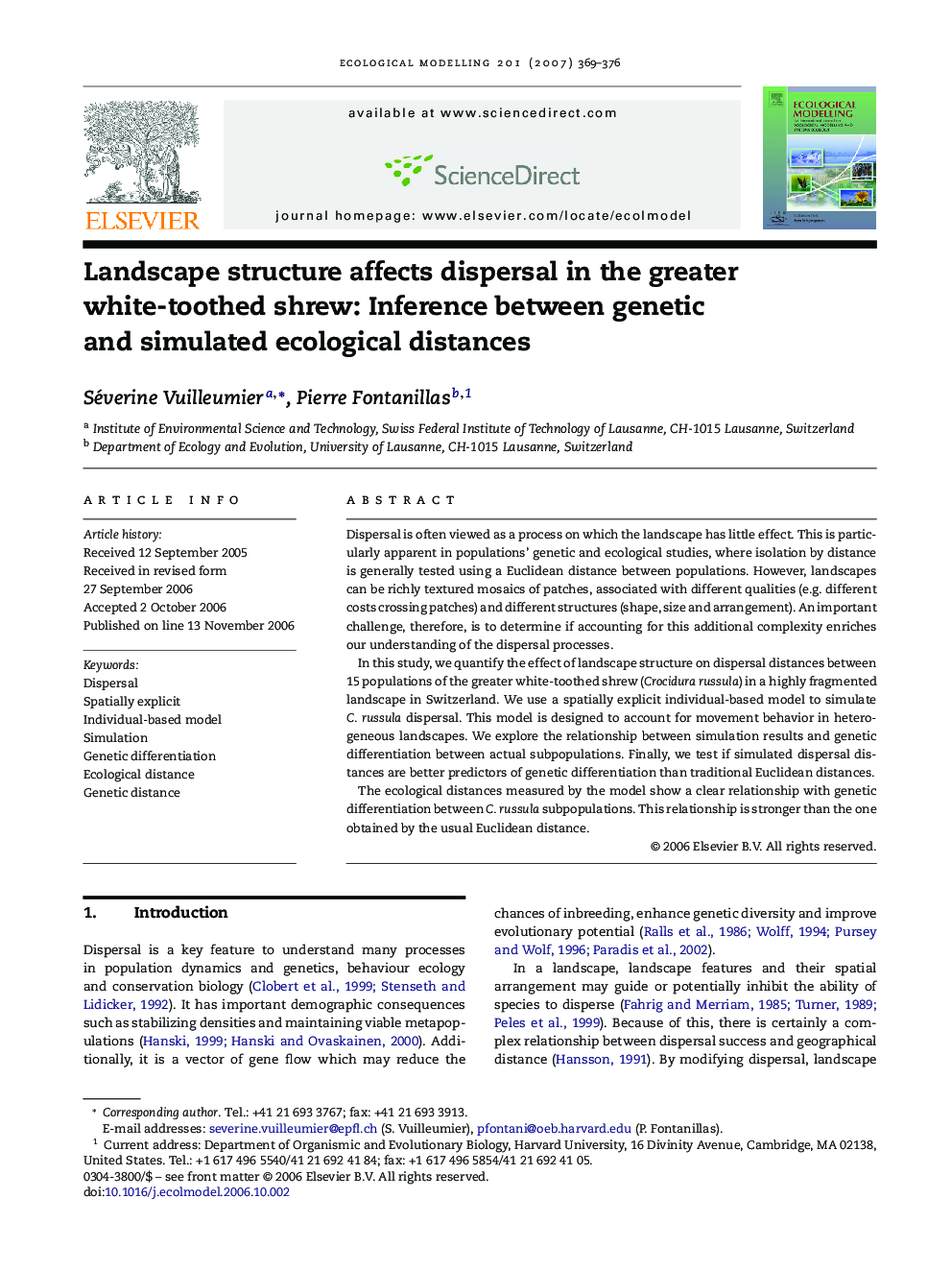 Landscape structure affects dispersal in the greater white-toothed shrew: Inference between genetic and simulated ecological distances