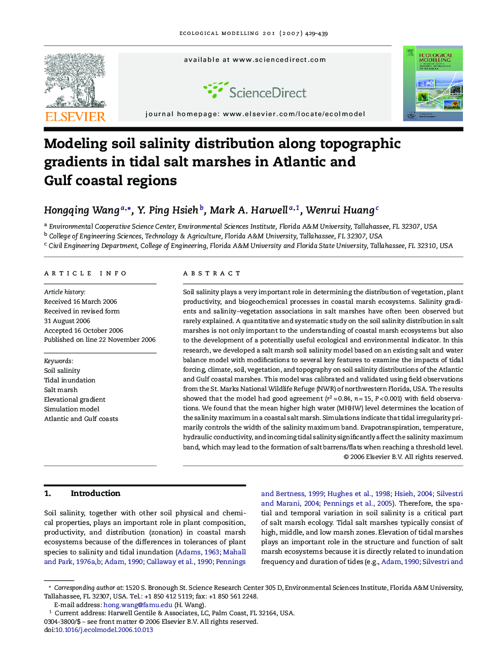 Modeling soil salinity distribution along topographic gradients in tidal salt marshes in Atlantic and Gulf coastal regions