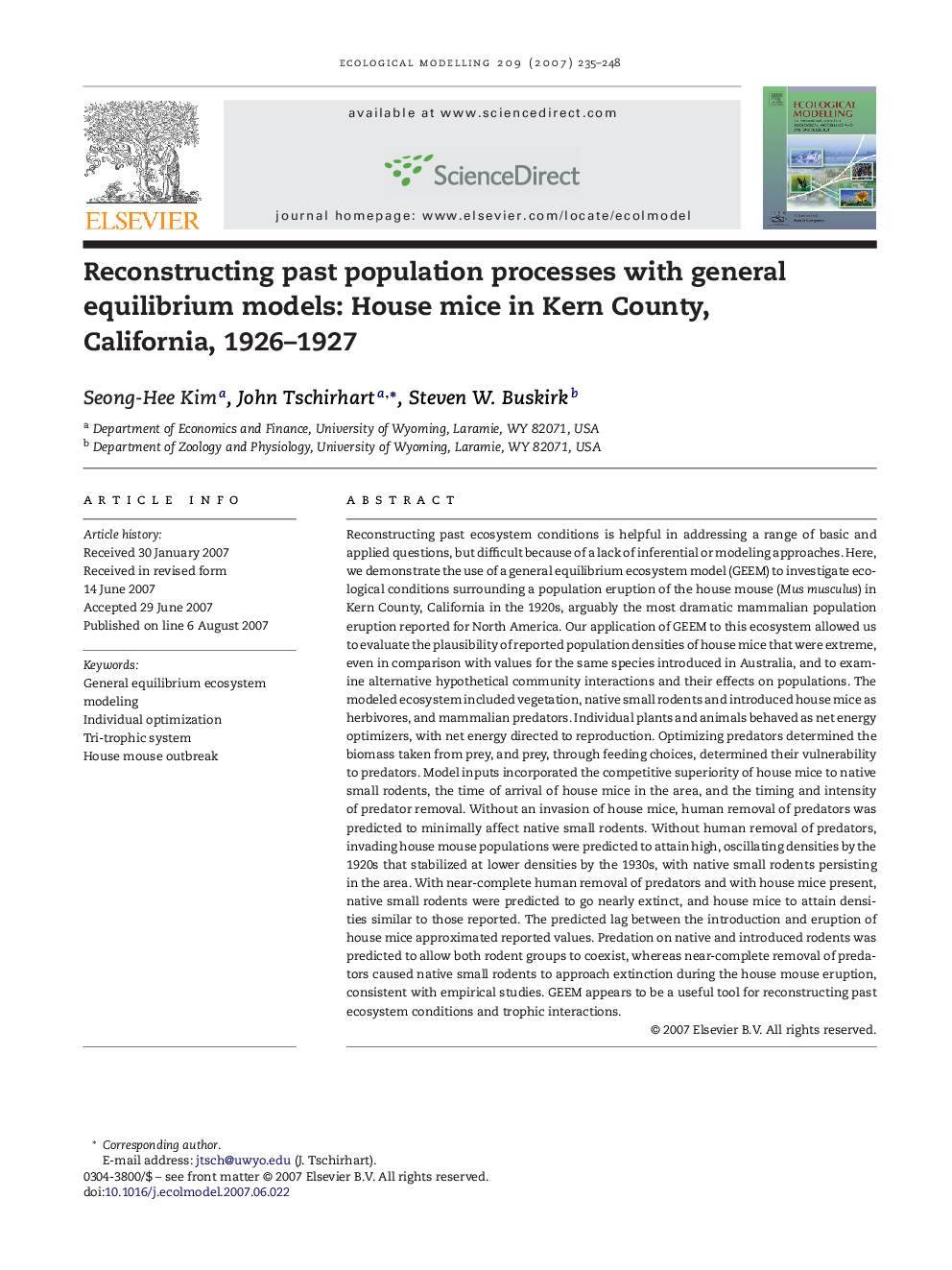 Reconstructing past population processes with general equilibrium models: House mice in Kern County, California, 1926-1927