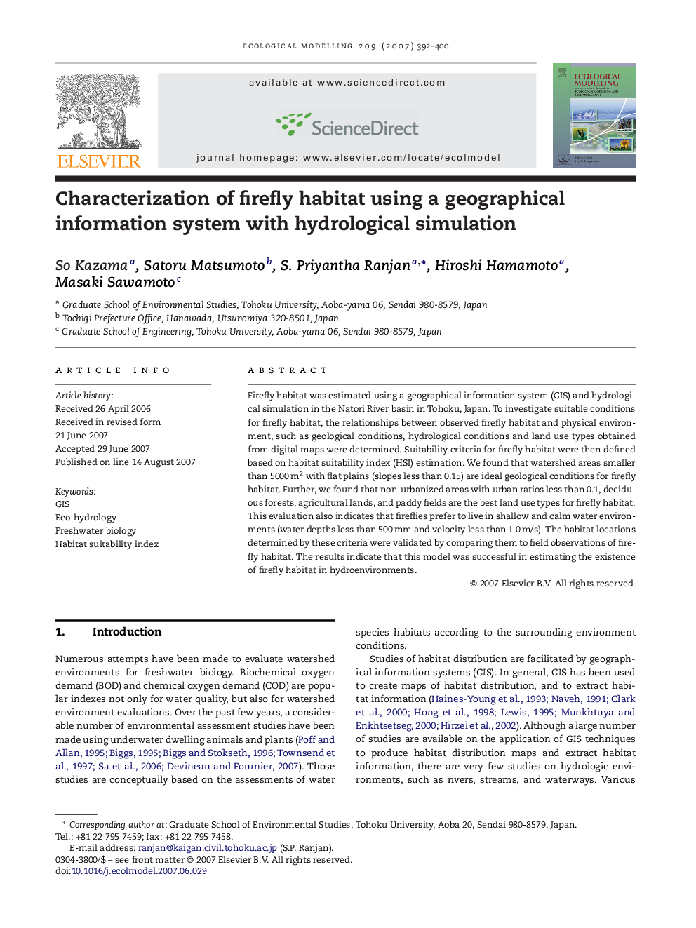 Characterization of firefly habitat using a geographical information system with hydrological simulation