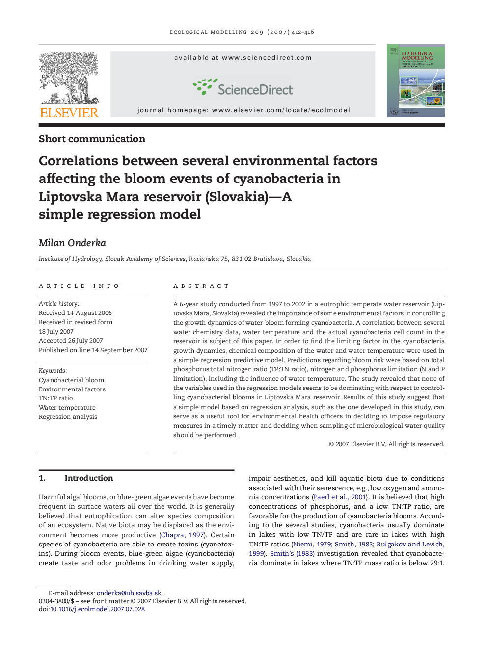 Correlations between several environmental factors affecting the bloom events of cyanobacteria in Liptovska Mara reservoir (Slovakia)—A simple regression model