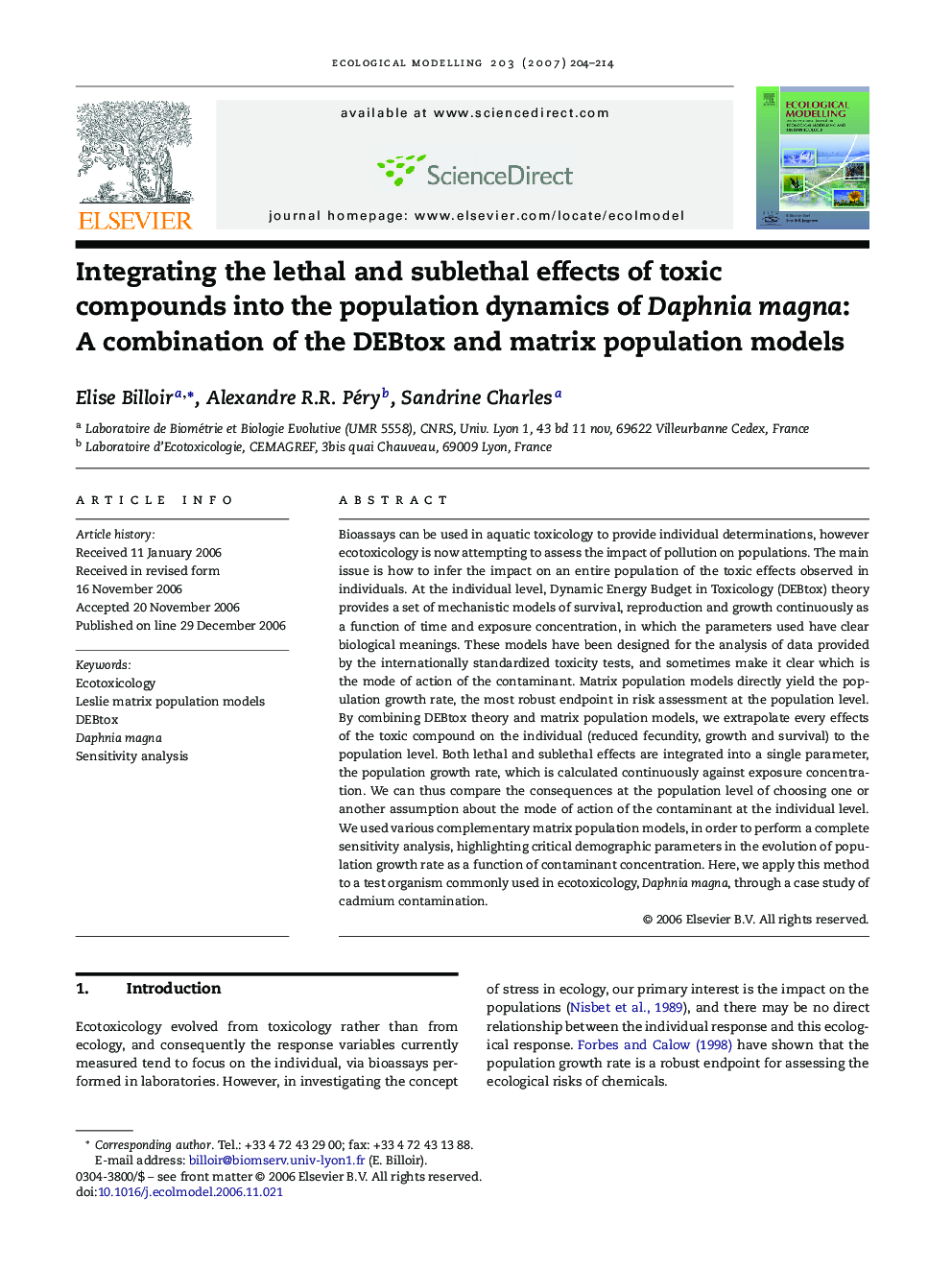 Integrating the lethal and sublethal effects of toxic compounds into the population dynamics of Daphnia magna: A combination of the DEBtox and matrix population models